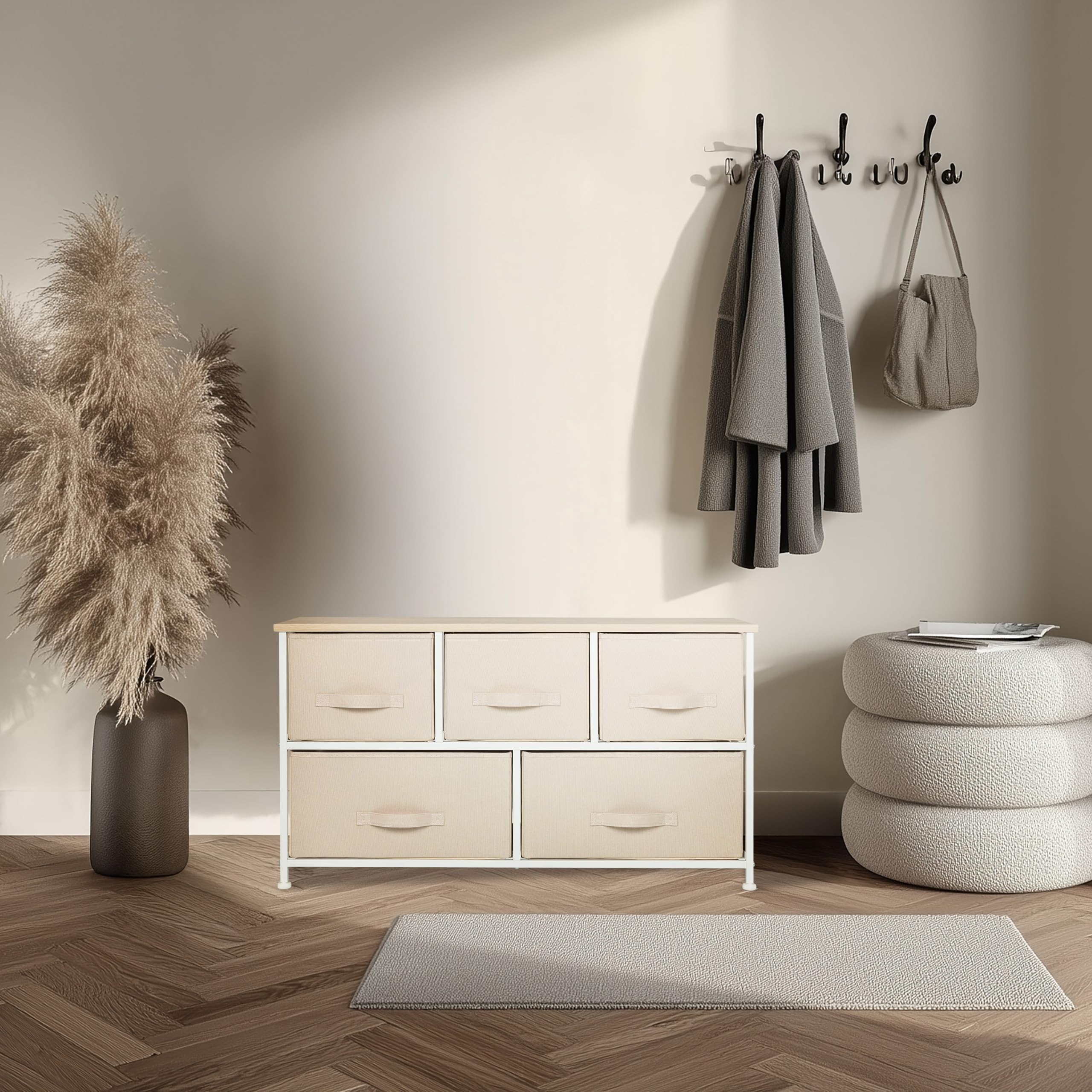 Kommode mit 5 Stoffschubladen, 100x30x55 cm, Beige | Schubladenkommode Organizer, höhenverstellbare Fußgleiter, Metall-Gestell