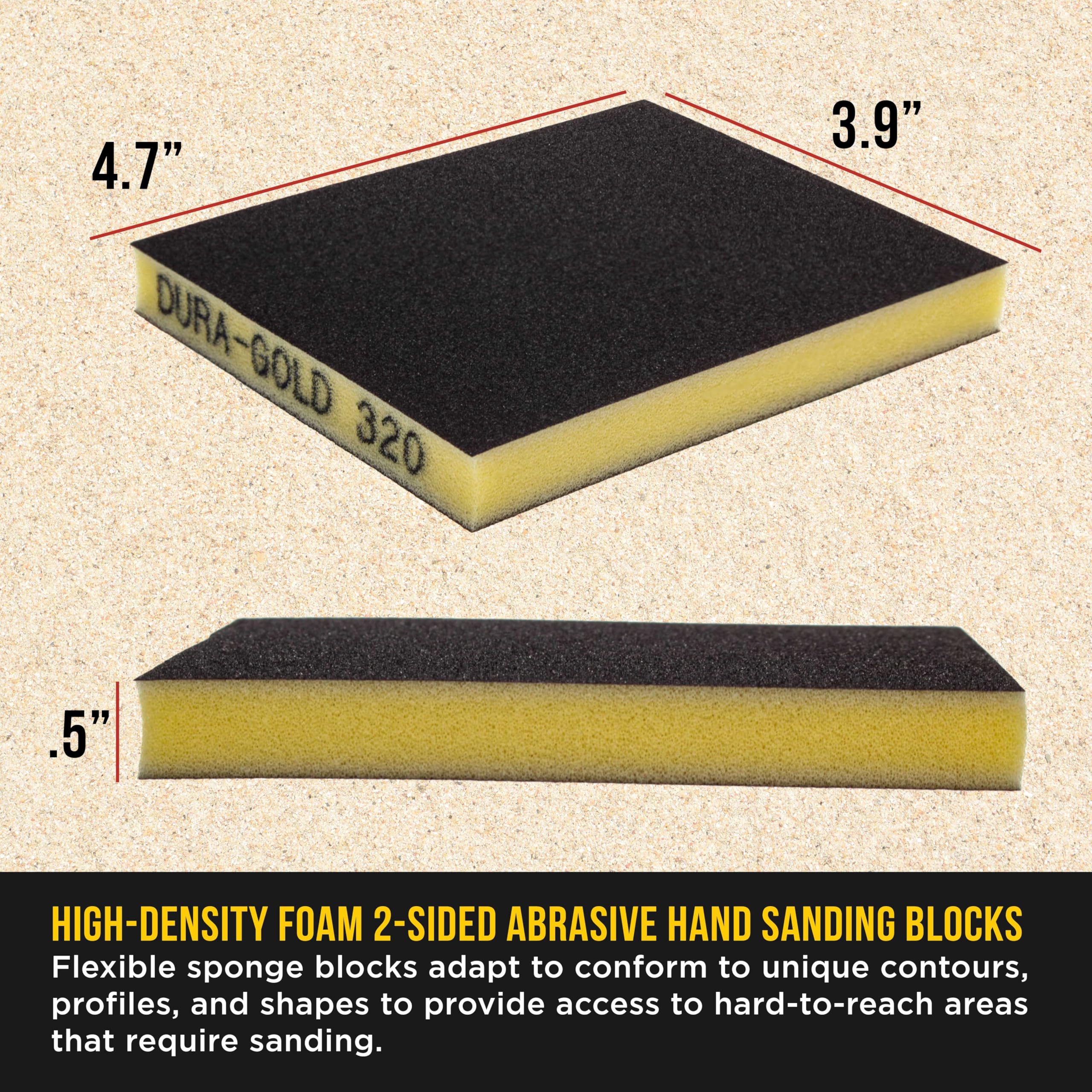 Dura-Gold Esponjas de lijado de doble cara de grano 320, caja de 10 – Performance Flex 4.7 x 3.9 pulgadas, esponjas de papel de lija flexibles en húmedo o seco, almohadilla de bloque abrasivo de