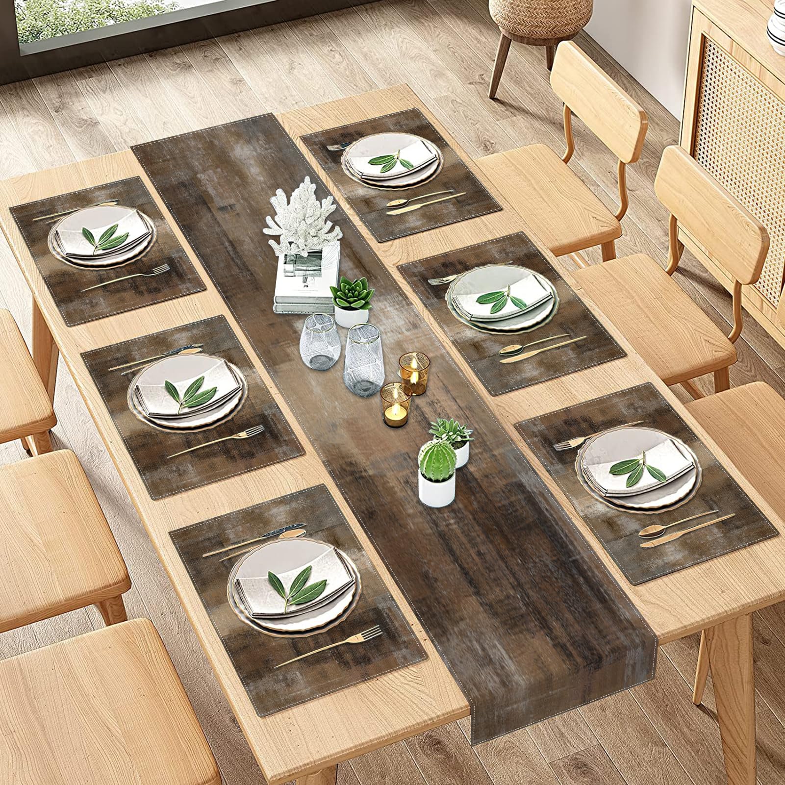 Emvency - Camino de mesa y juego de 6 manteles individuales marrones y grises, diseño moderno abstracto y decoración de mesa para uso diario (1 camino de mesa de 183 cm de largo y 6 manteles