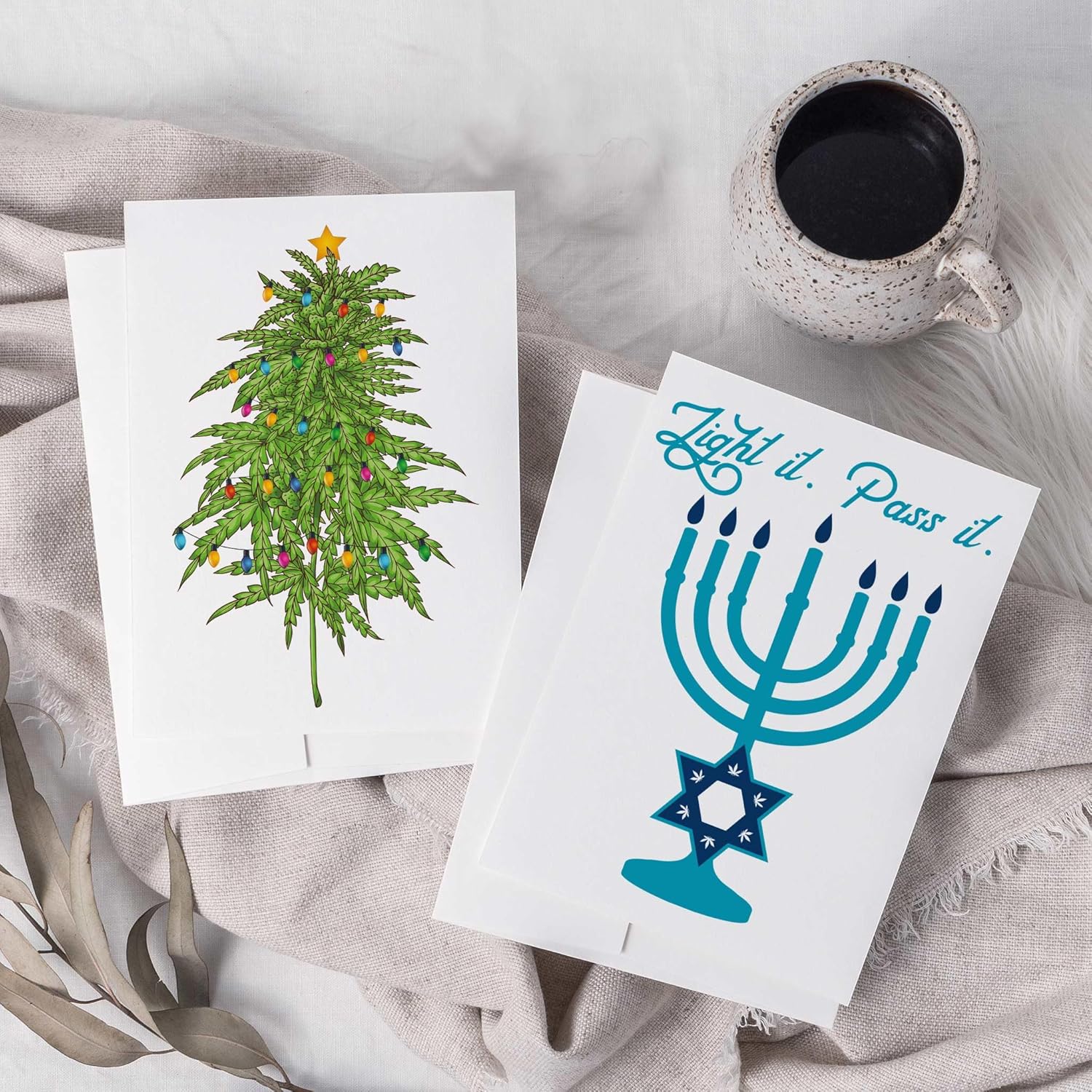 Ritzy Rose 24 Christmas and Chanukah Cannabis Greeting Cards Mixed Holiday Pack of 12 Designs + Envelopes