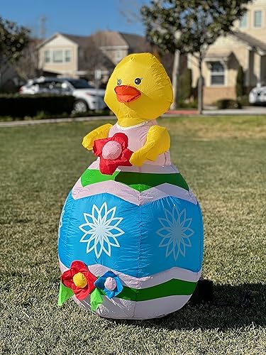 Miniatura 5 de Pollito amarillo inflable de Pascua de 4 pies de alto con flor roja y huevo azul, luces LED preiluminadas, para exteriores, interiores, vacaciones,