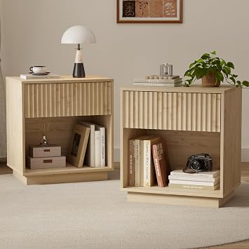 22 Inch Fluted Nightstand, Set of 2 Wooden Night Stand with Large Storage Drawer & Open Shelf, Mid Century Modern Bedside Tables for Bedroom, Home Office, Hallway, Easy Assembly, Light Oak