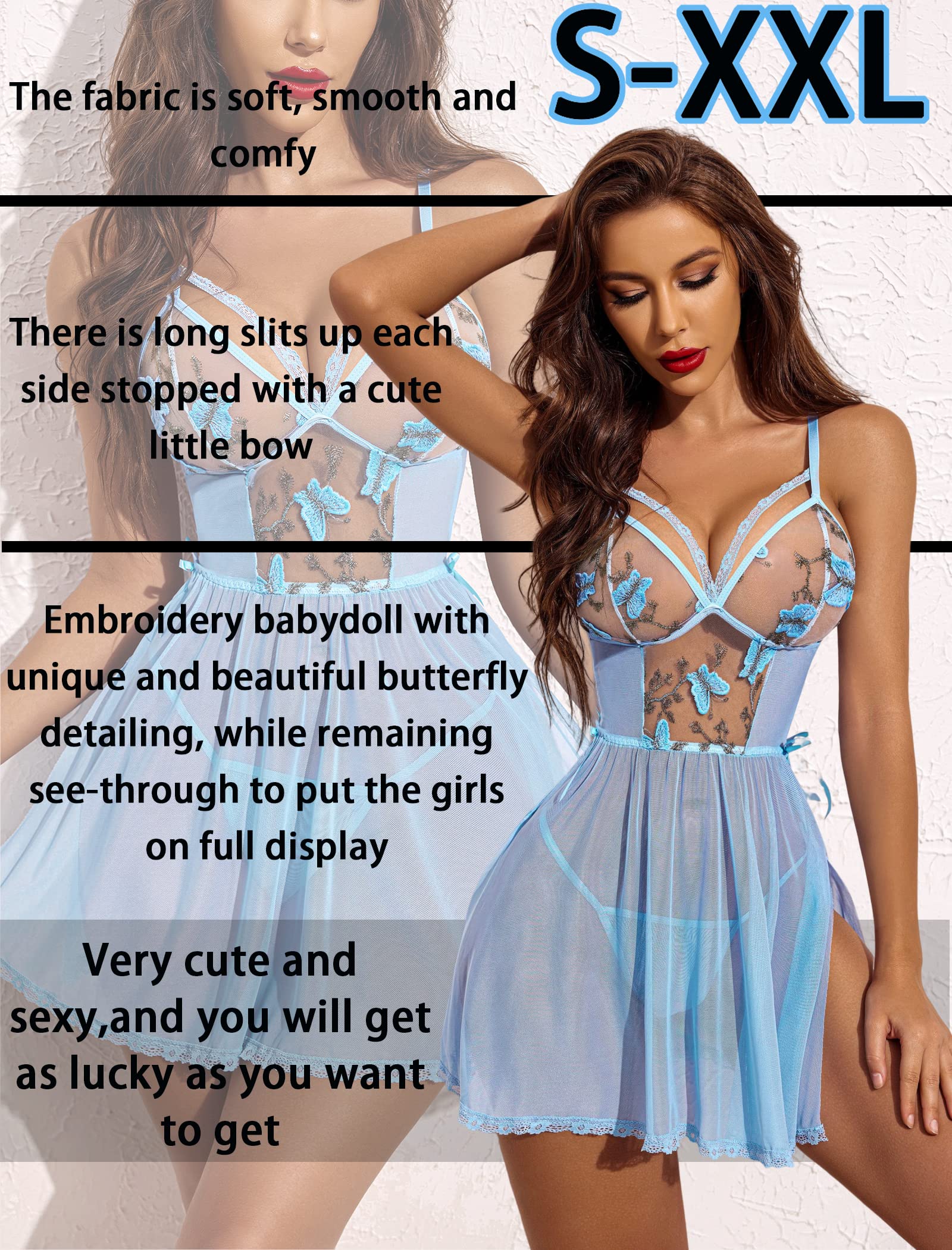 Avidlove Women's Lingerie Lace Chemise Floral Embroidery Mesh Babydoll Side Slit Sleepwear: Light Blue X-Large