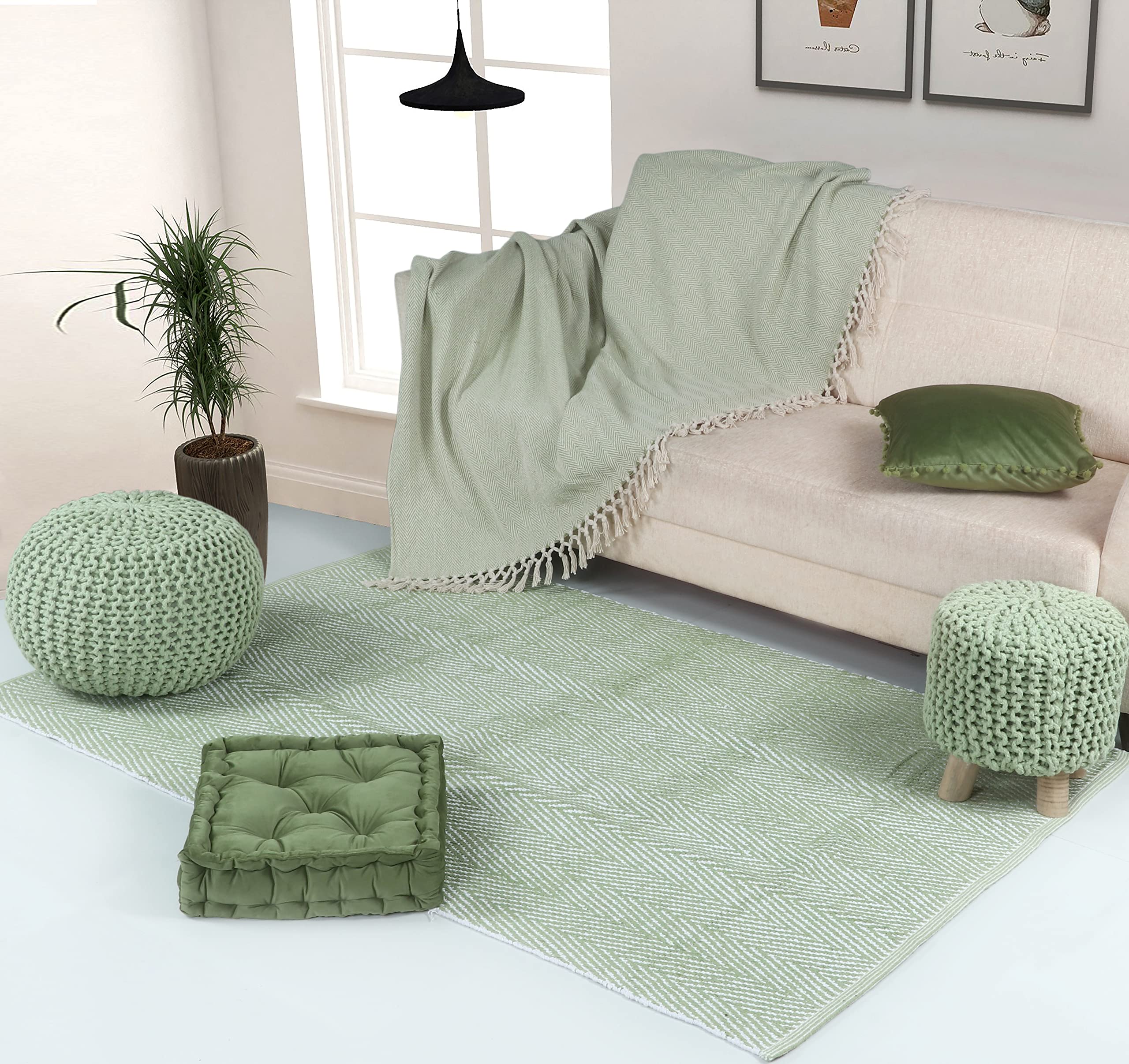 Tappeto in 100% cotone con motivo a spina di pesce, 120 x 180 cm, colore verde salvia, formato XL, per interni, soggiorno, camera da letto, lavabile in lavatrice, intrecciato a mano