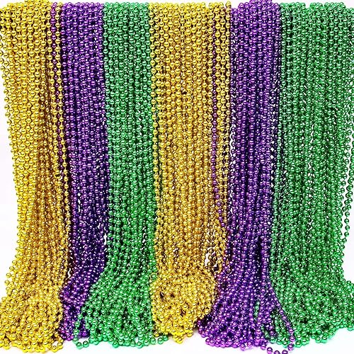 Miniatura 1 de Camlinbo 100 piezas de collares de cuentas de Mardi Gras a granel morado, verde, dorado, cuentas de Mardi Gras, decoración de fiesta, suministros de