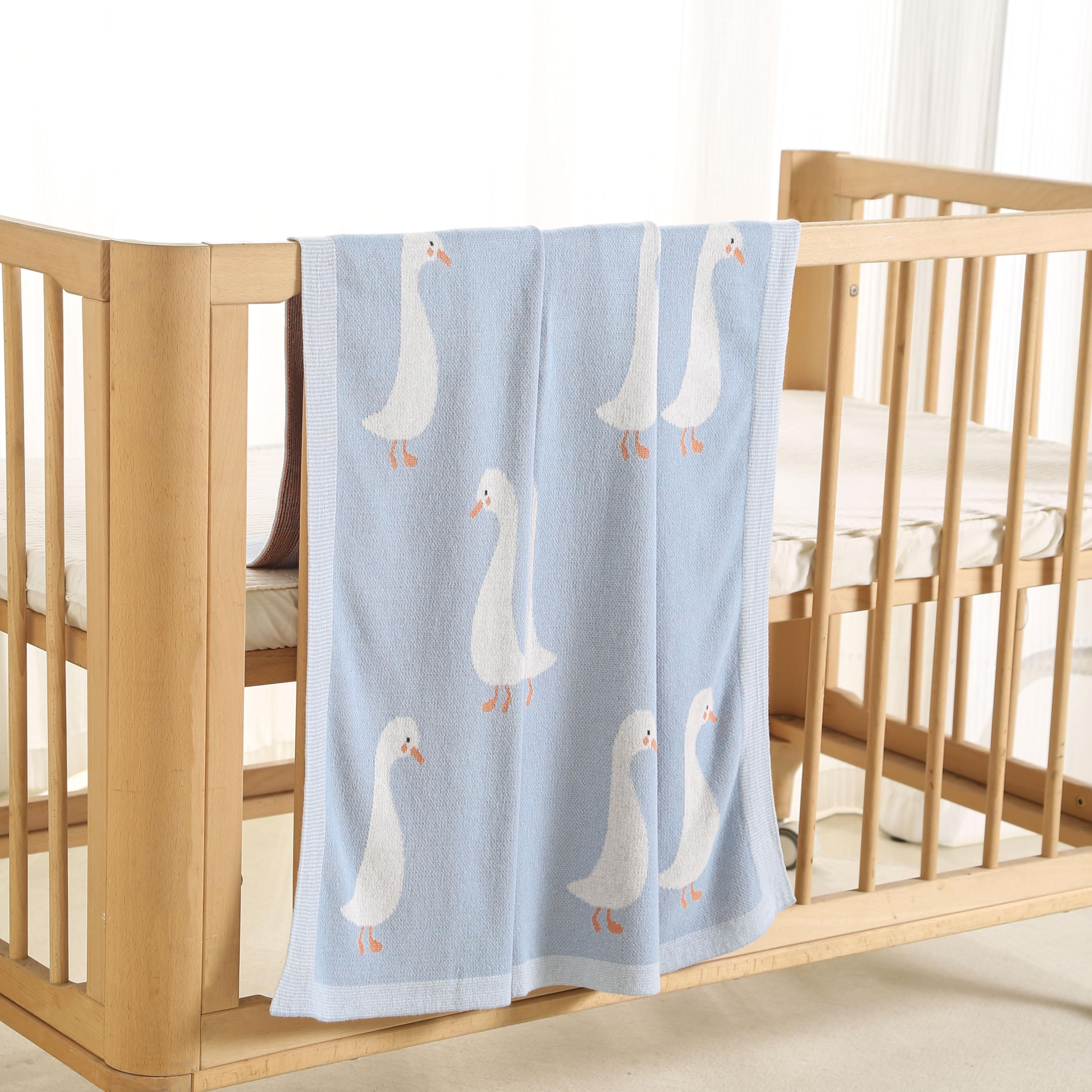 Coperta per neonati in 100% cotone, morbida coperta a maglia per lettino per bambino/ragazza, carrozzina, blu, 100 x 80 cm