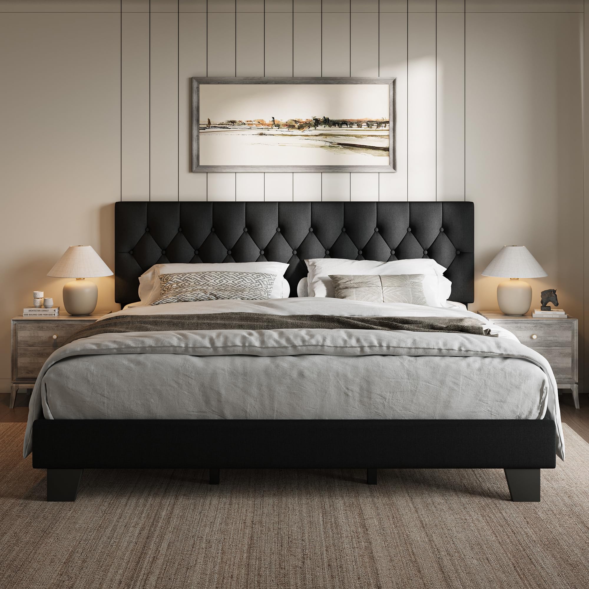 iPormis Upholstered King Size Bed Frame with Button Tufted Headboard Linen Platform Bed with Thickened Support Legs Noise-Free