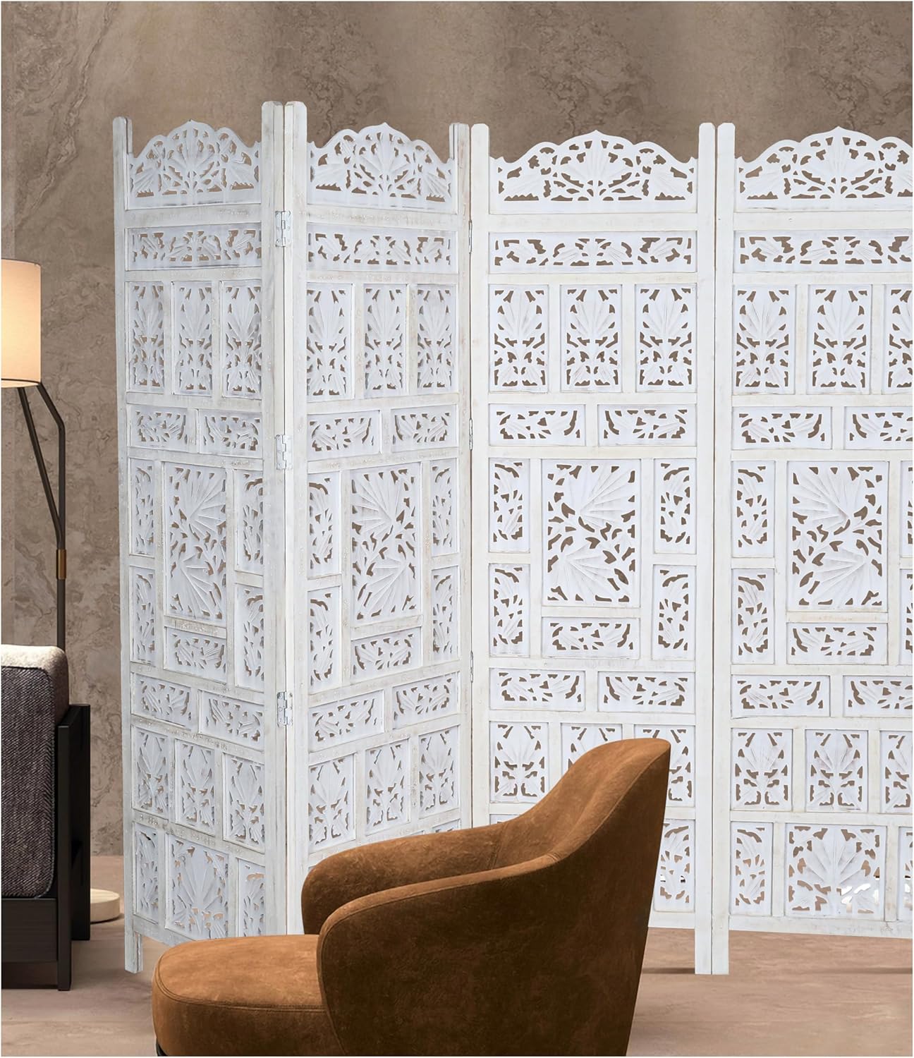 Room Divider Screen, 4-Panel Folding Wood Screen Pattern, Antique White, 72 x 80 Inches, Hand Carved Decorative and Functional, Reversible, Portable Privacy Partition, Boho Style – Bedding Craft 72" x 80" (Set of 1) White Washed