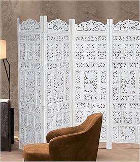 Room Divider Screen, 4-Panel Folding Wood Screen Pattern, Antique White, 72 x 80 Inches, Hand Carved Decorative and Functional, Reversible, Portable Privacy Partition, Boho Style – Bedding Craft