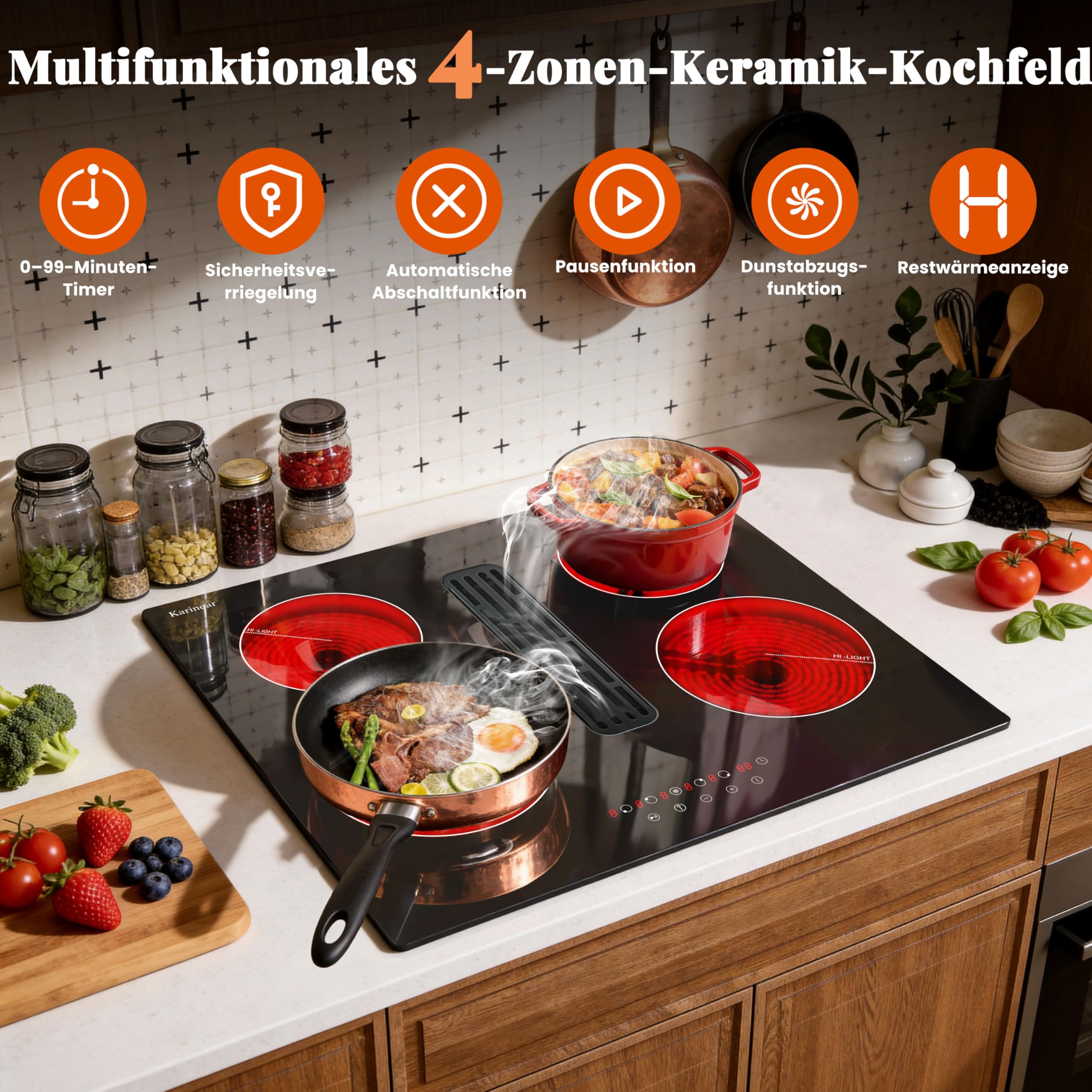 Karinear Kochfeld mit Dunstabzug 60 cm, 6000W, 4 Platten, Touch, Timer | 60 cm Kochfeld mit Dunstabzug, 6000W, Herdplatte 4 Kochfelder, Integrierter Abzug, Touch-Steuerung, Timer und Pause-Funktion.