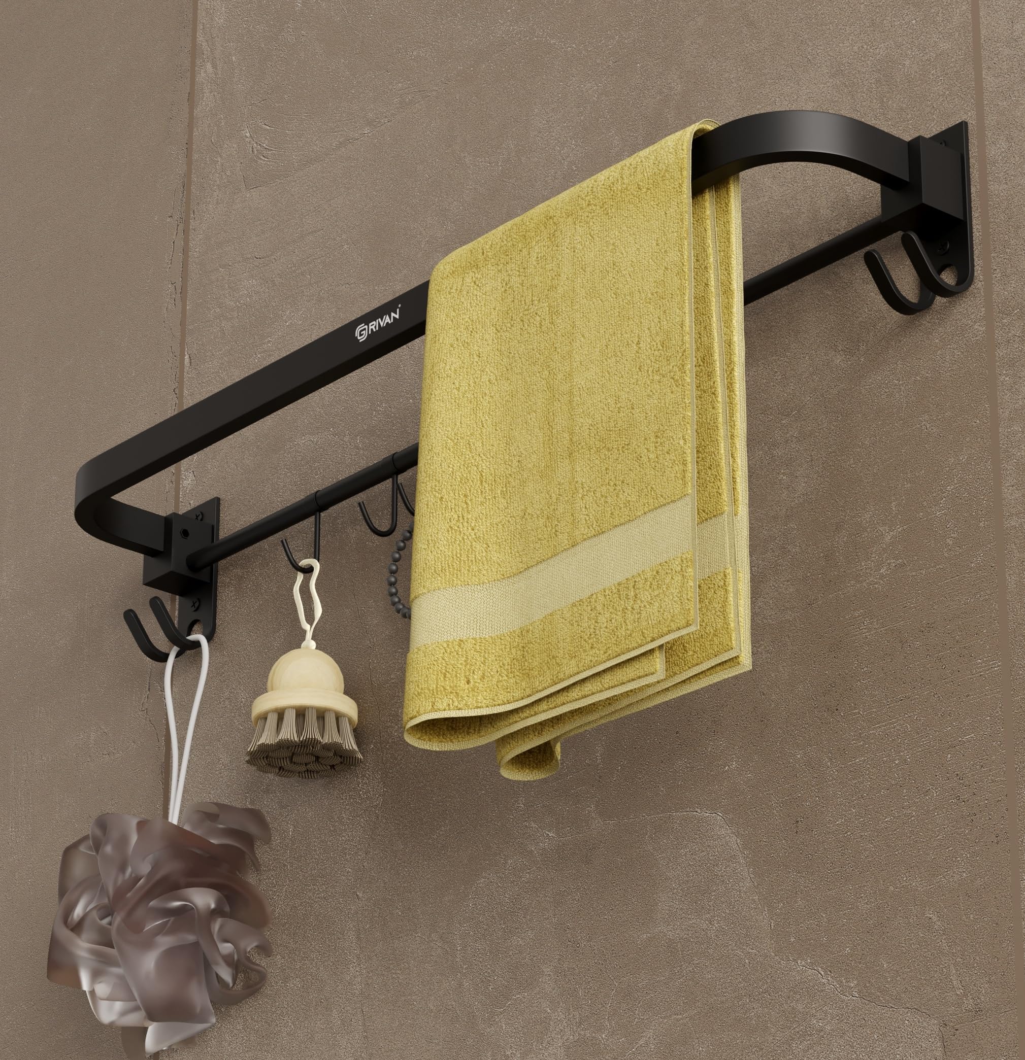 GRIVAN Stylish Stainless Steel 24 Inch Foldable Towel Rod/Shelf/Stand for Bathroom, Towel Holder with Hooks and Hanger (Black Matte Finish)-image-2