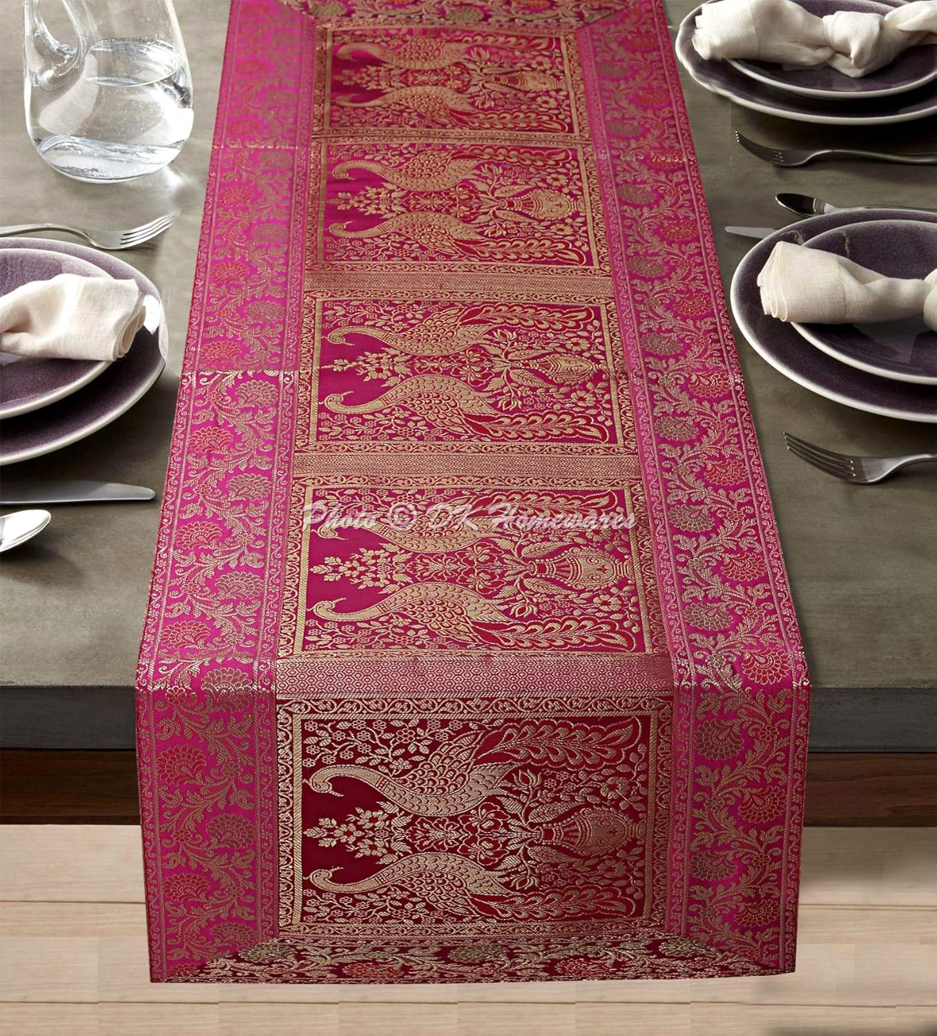 Indian Ethnic Centerpiece Wedding Coffee Table Decoration Brocade Magenta Gold 150 X 40 Cm Jacquard Peacock 5 Foot Table Runner (60X16 Inches)
