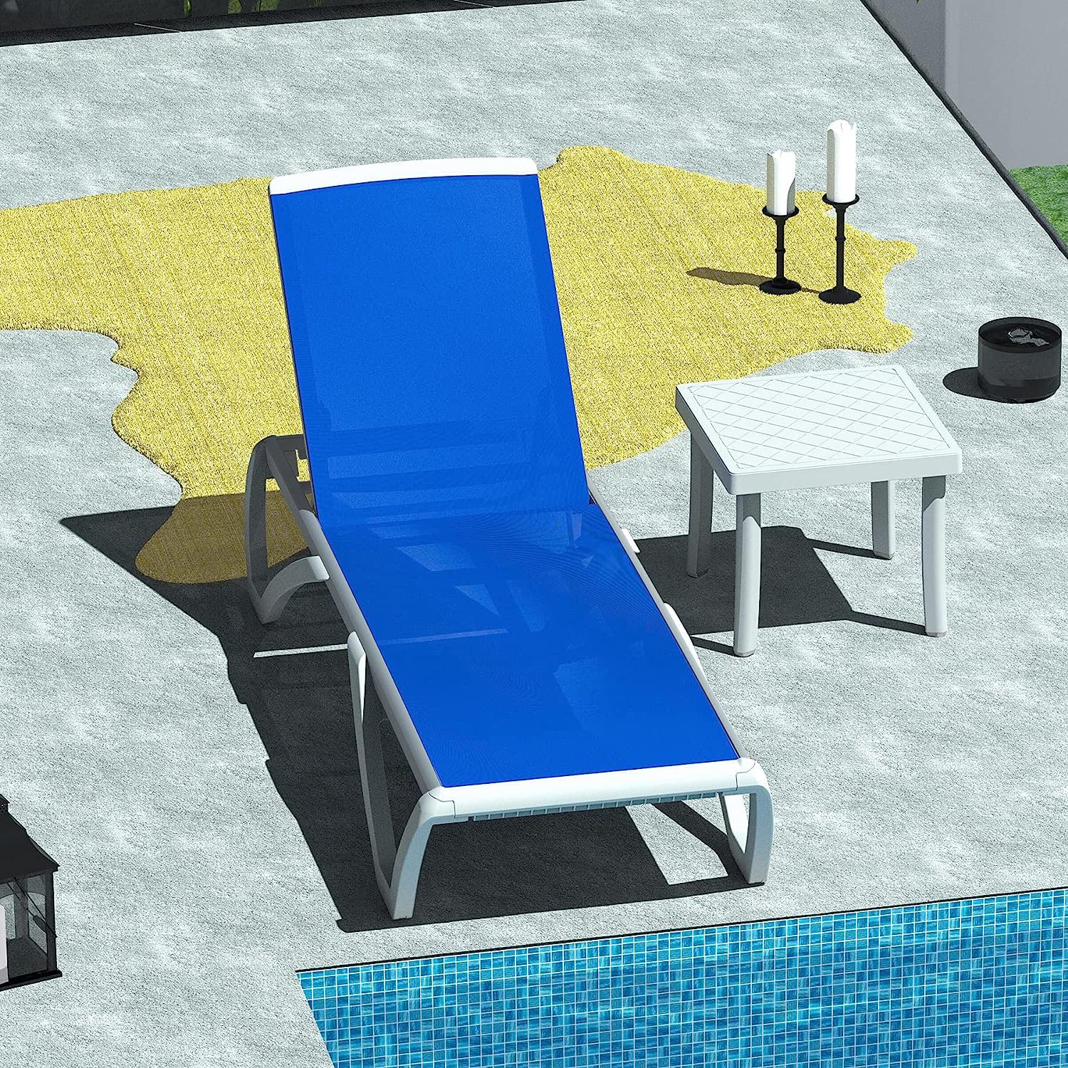 Domi Outdoor Lounge Chair, Aluminum Patio Chaise Lounge with 5 Position Adjustable Backrest and Wheels, All Weather Reclining Chair with Side Table for Patio, Yard,Balcony,Poolside (Blue)