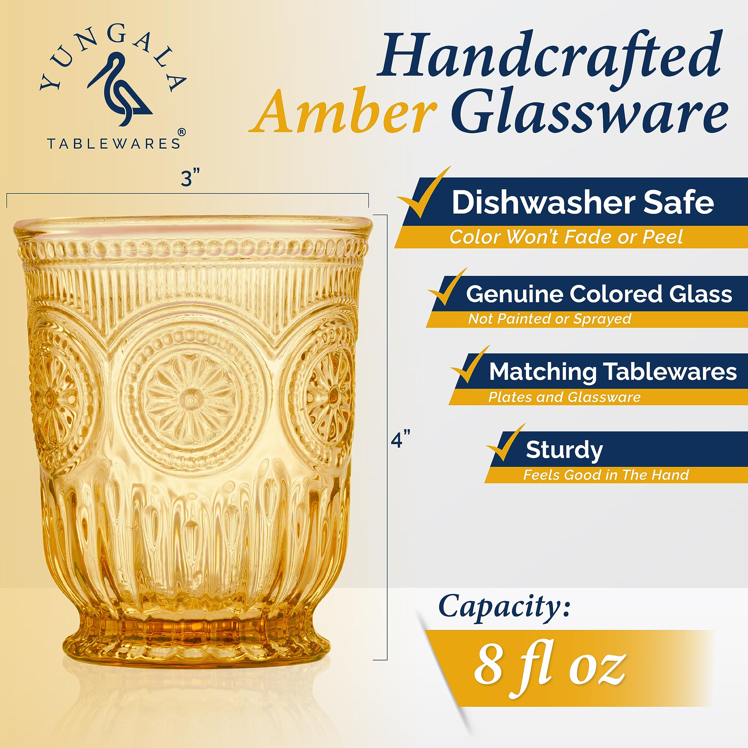 Bernsteinfarbene Trinkgläser, Set mit 6 bernsteinfarbenen Glasbechern, 237 ml, kleine Wassergläser, Hobnail, spülmaschinenfest, niedliches farbiges Trinkgeschirr für den Herbst