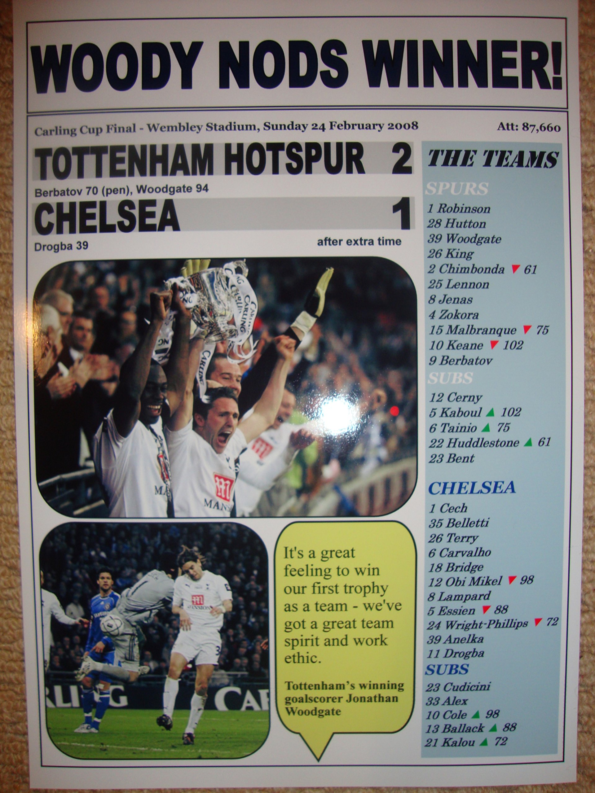 Lilywhite Multimedia Tottenham Hotspur 2 Chelsea 1 - 2008 Carling Cup Final - Souvenir Print
