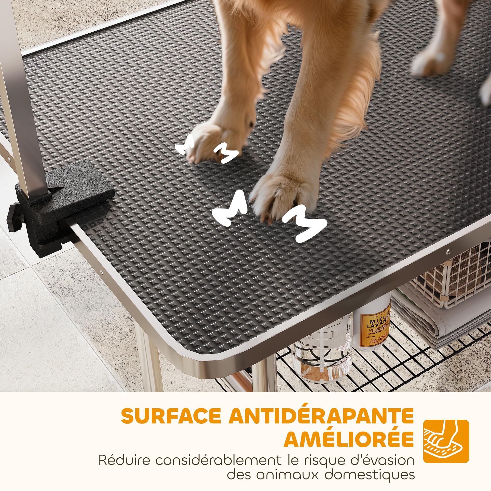 PawHut Table de toilettage pour Chien Chat Animaux, Pliante 107x60x76cm - Potence H INOX réglable - Station Robuste 100kg avec Surface antidérapante - 2 Sangles, Panier Maille - idéal Domicile - Noir