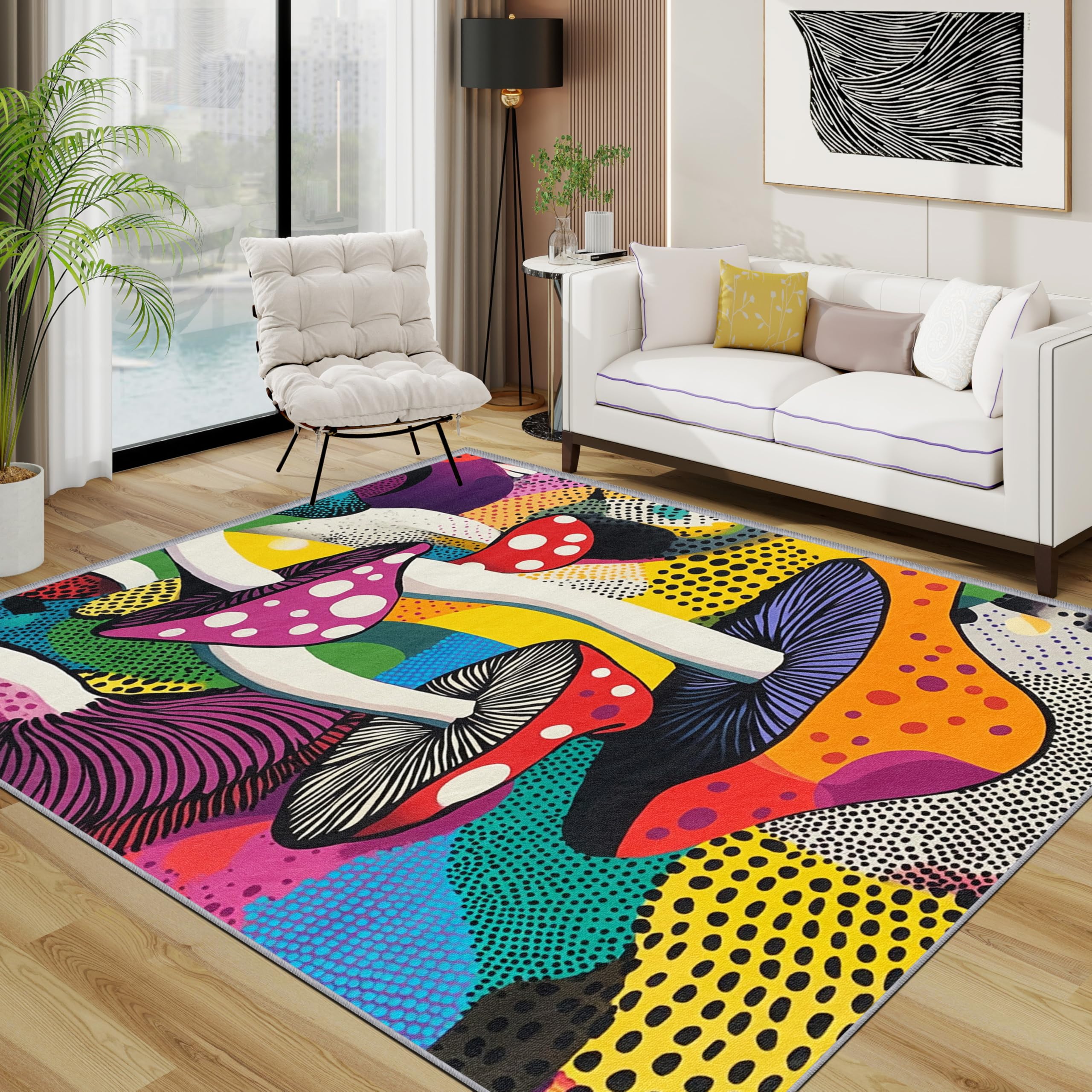 TerroVee Mushroom Rugs Living Room Large 140x200 - Pop Art Colorful Fungi Bedroom Rug, Funky Fantasy Plant Washable Non Slip Low Pile Carpet, Mushroom House Decor