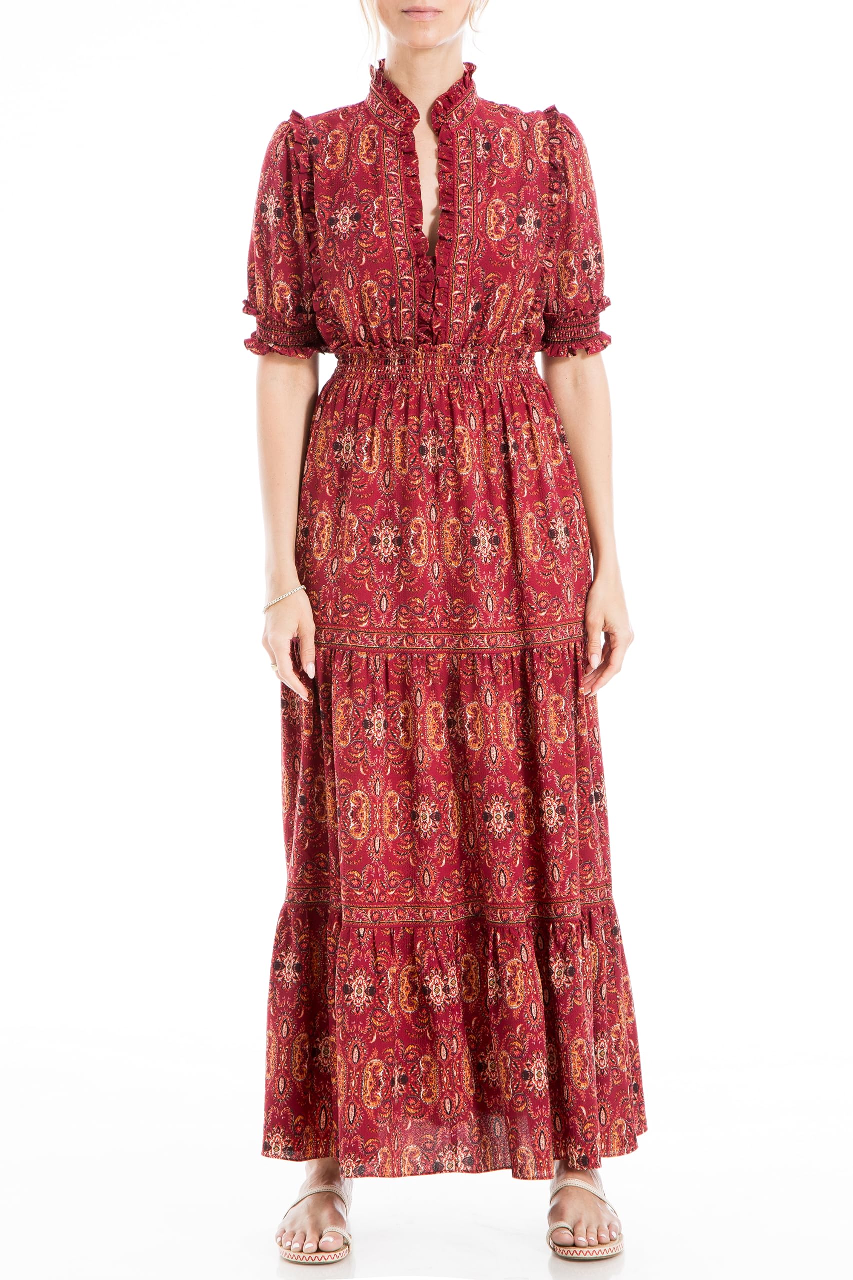 Max Studio Women's Elbow Length Sleeve Print Tiered Maxi Dress