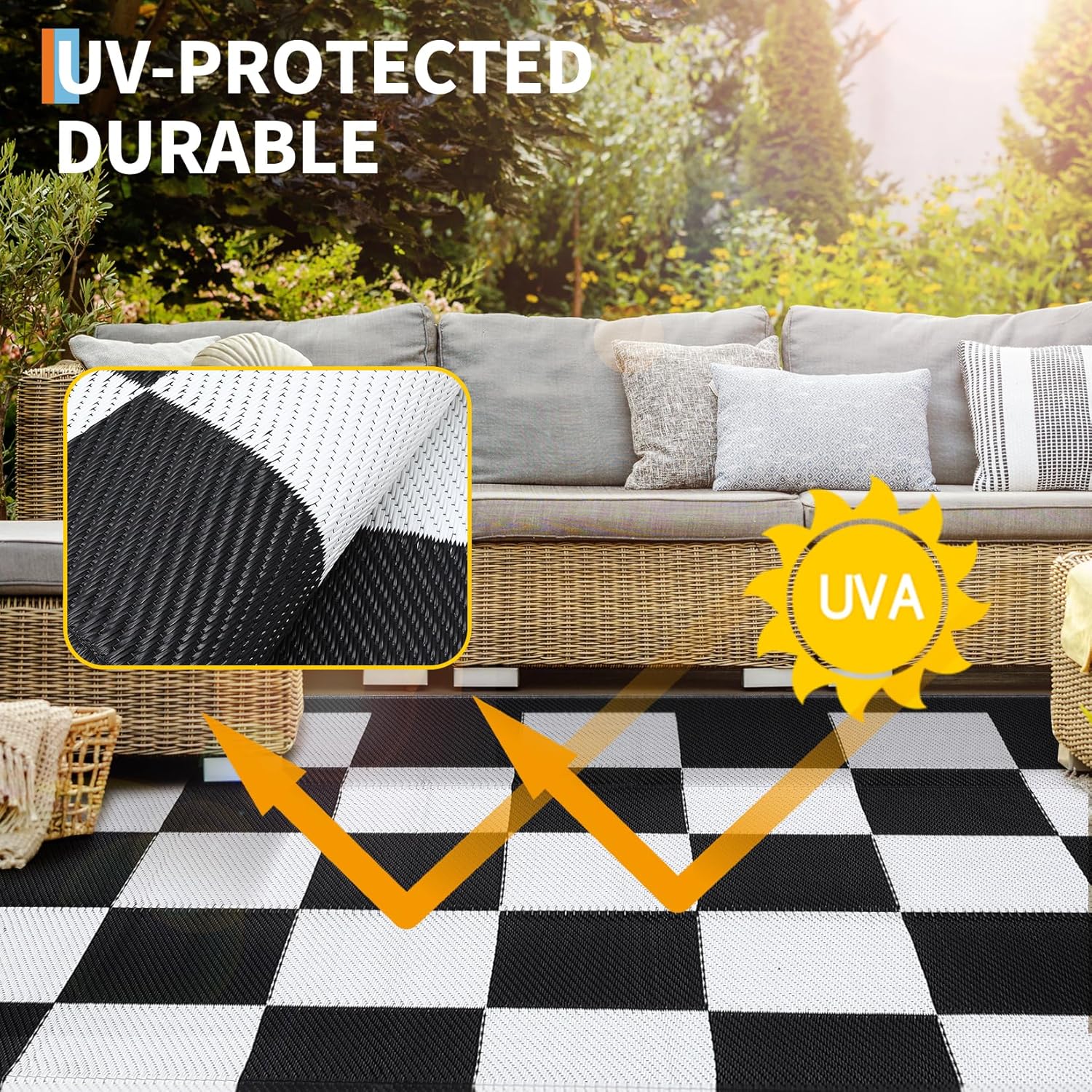 Modern Outdoor Rug Geometric Plaid Camping Mat for Patio UV-Resistant Reversible - Picture 58 of 59