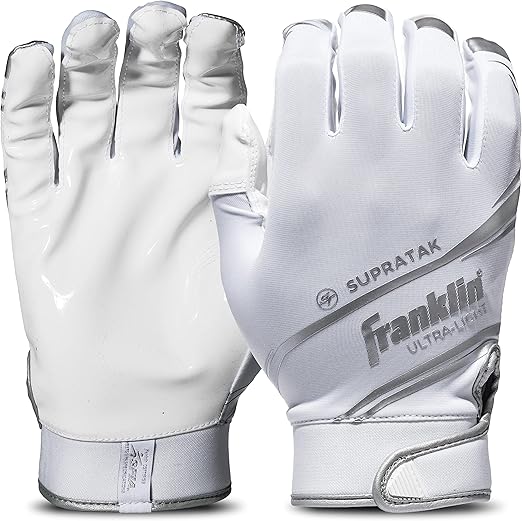 Franklin Sports Supratak Football Receiver Gloves - White/Chrome - Adult Large