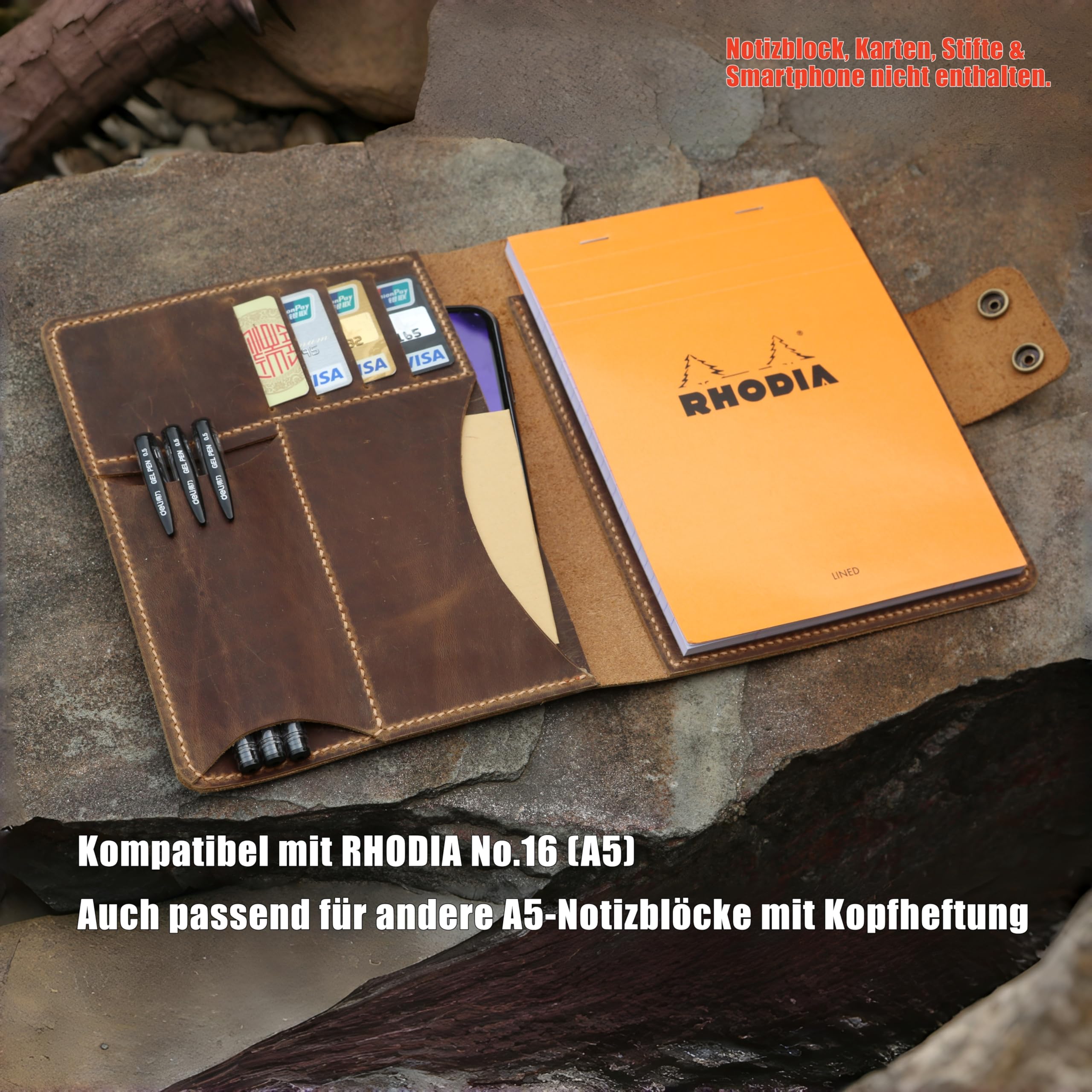 Handgefertigte A5 Leder Dokumentenmappe,Kompatibel mit RHODIA No.16, Crazy Horse Vollnarbenleder, Vintage-Look mit Kartenfächern und Stifthalter, Braun