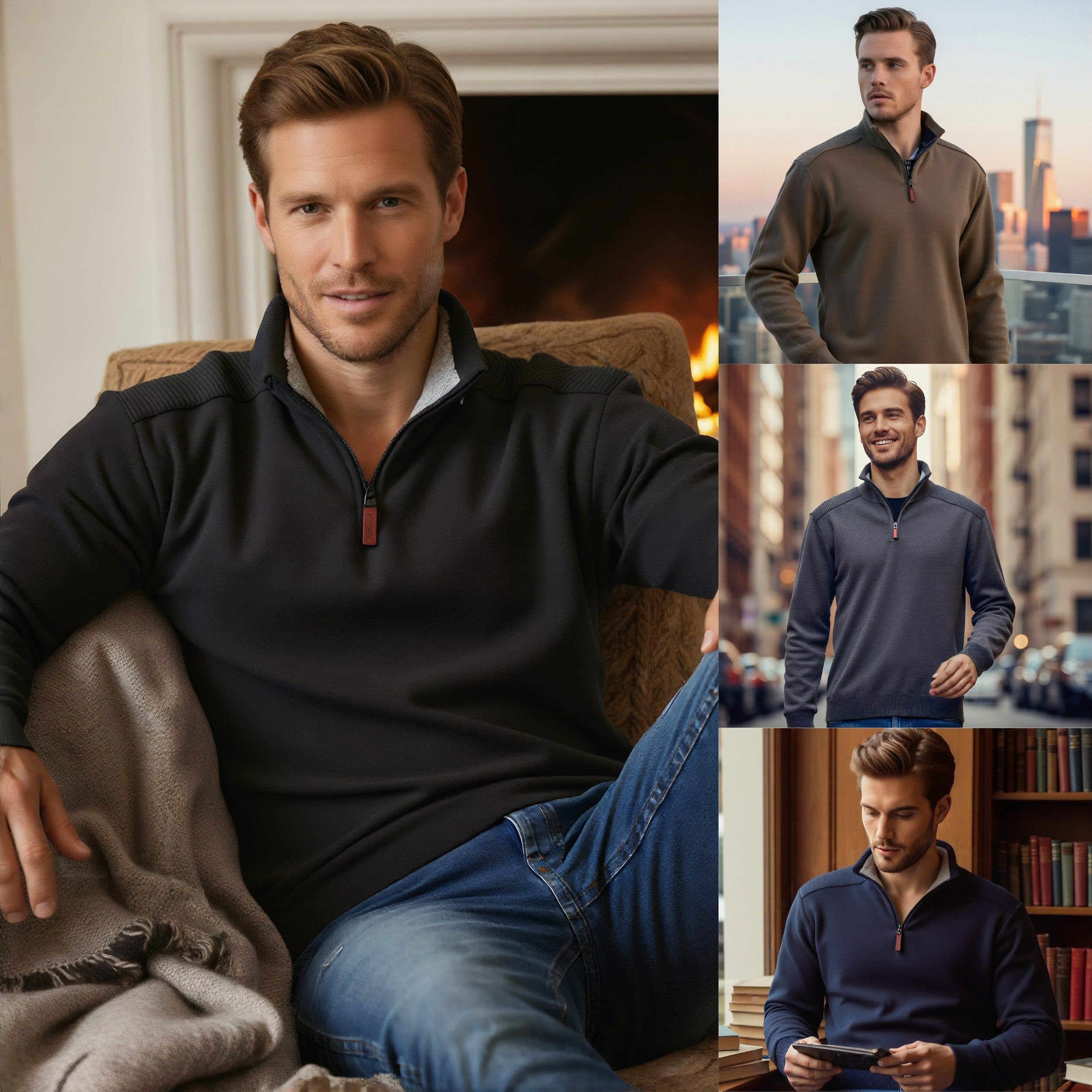Jersey de Punto Sueter Hombre Manga Larga y Media Cremallera Otoño Invierno Jersei Clásico de Cuello Alto de Canalé Suéter de Punto