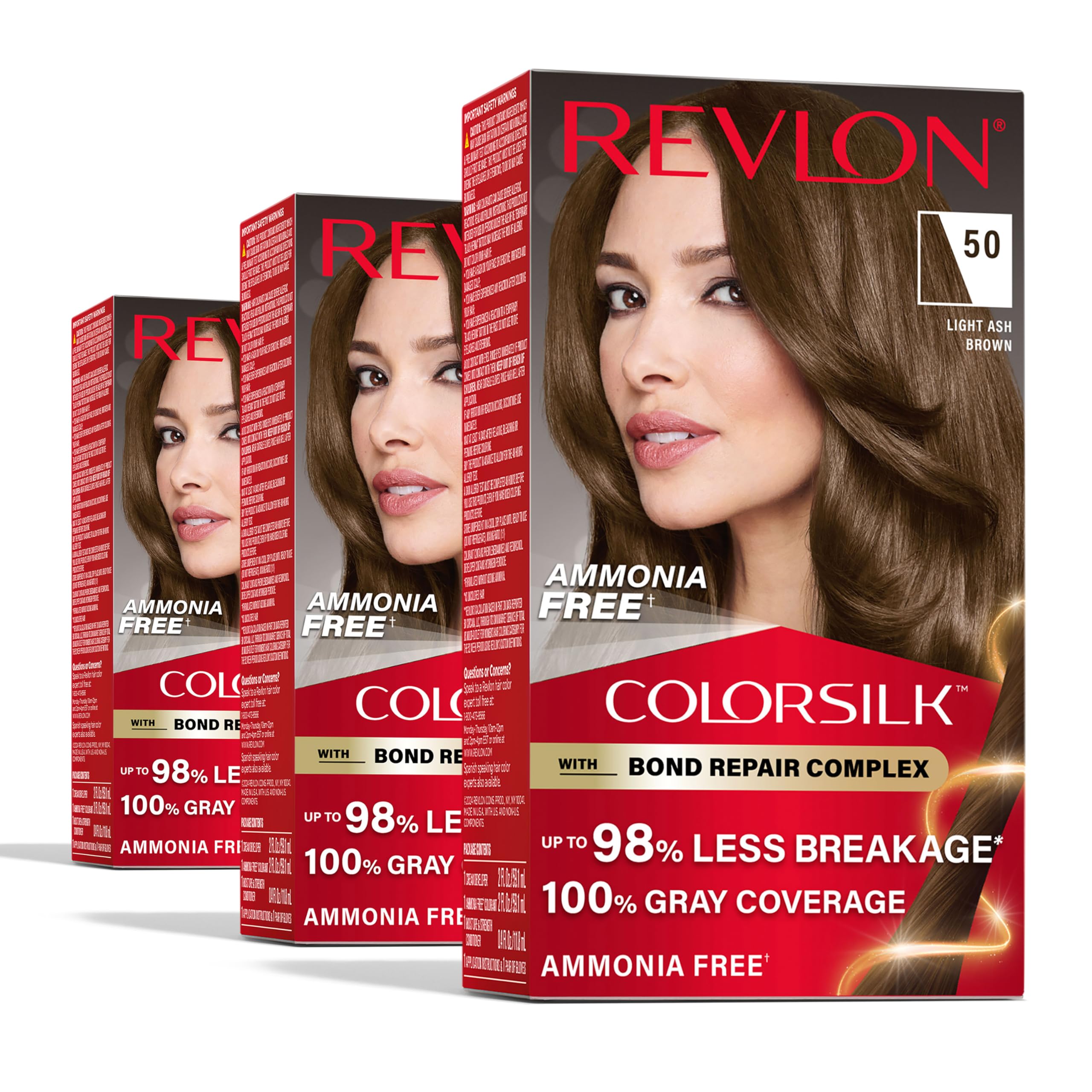 ColorSilk with Bond Repair Complex, Brown Permanent Hair Color, 100% Gray Coverage, Ammonia Free Hair Dye, Vegan Keratin, 50 Light Ash Brown (Pack of 3)