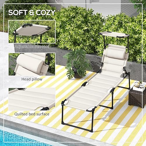 Miniatura 6 de Outsunny Sillón de 2 piezas para exteriores, respaldo ajustable, tumbona plegable, silla de bronceado acolchada con techo parasol y reposacabezas de