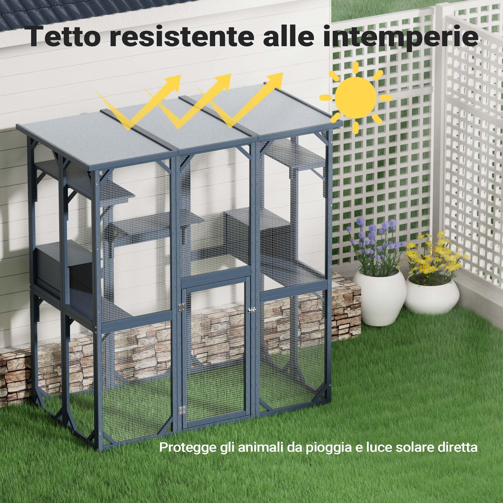 Wiltec Recinto per gatti da esterno 1705 x 925 x 1810 mm, recinzione antifuga in legno con tetto in asfalto, diversi livelli, per giardino, balcone, terrazzo