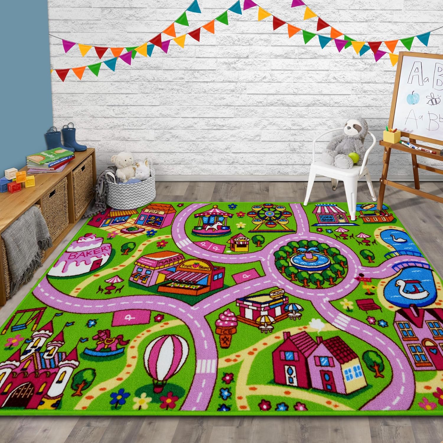 HR Pink City Roads Kids Non-Slip Rugs - Educational Road Traffic Play Mat for Safe Play in Bedroom, Playroom, and Game Area. Vibrant Pink and Multi Design for Engaging Learning and Fun!
