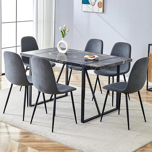 Miniatura 29 de Juego de mesa de comedor de 9 piezas, mesa de cocina rectangular moderna de madera de 71'' y juego de sillas de comedor de tela de 8, juego de mesa