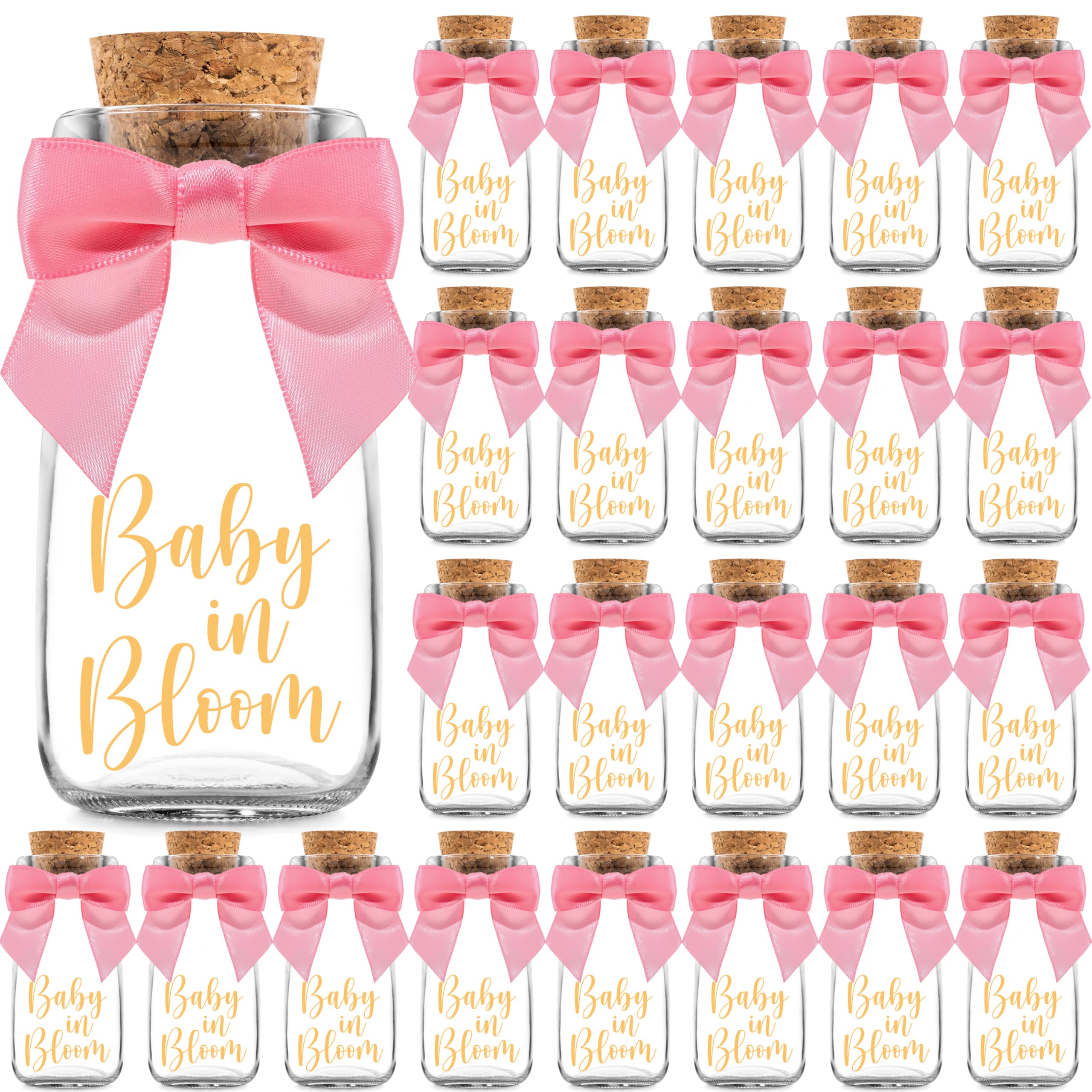 Ethisa Vintage 24 Pack Baby in Bloom Milk Glass Bottles with Ribbons and Stickers - Classy Baby Shower Favors for Guests and Table Centerpieces - Dusty Pink Floral Decorations and Candy Jar Keepsakes