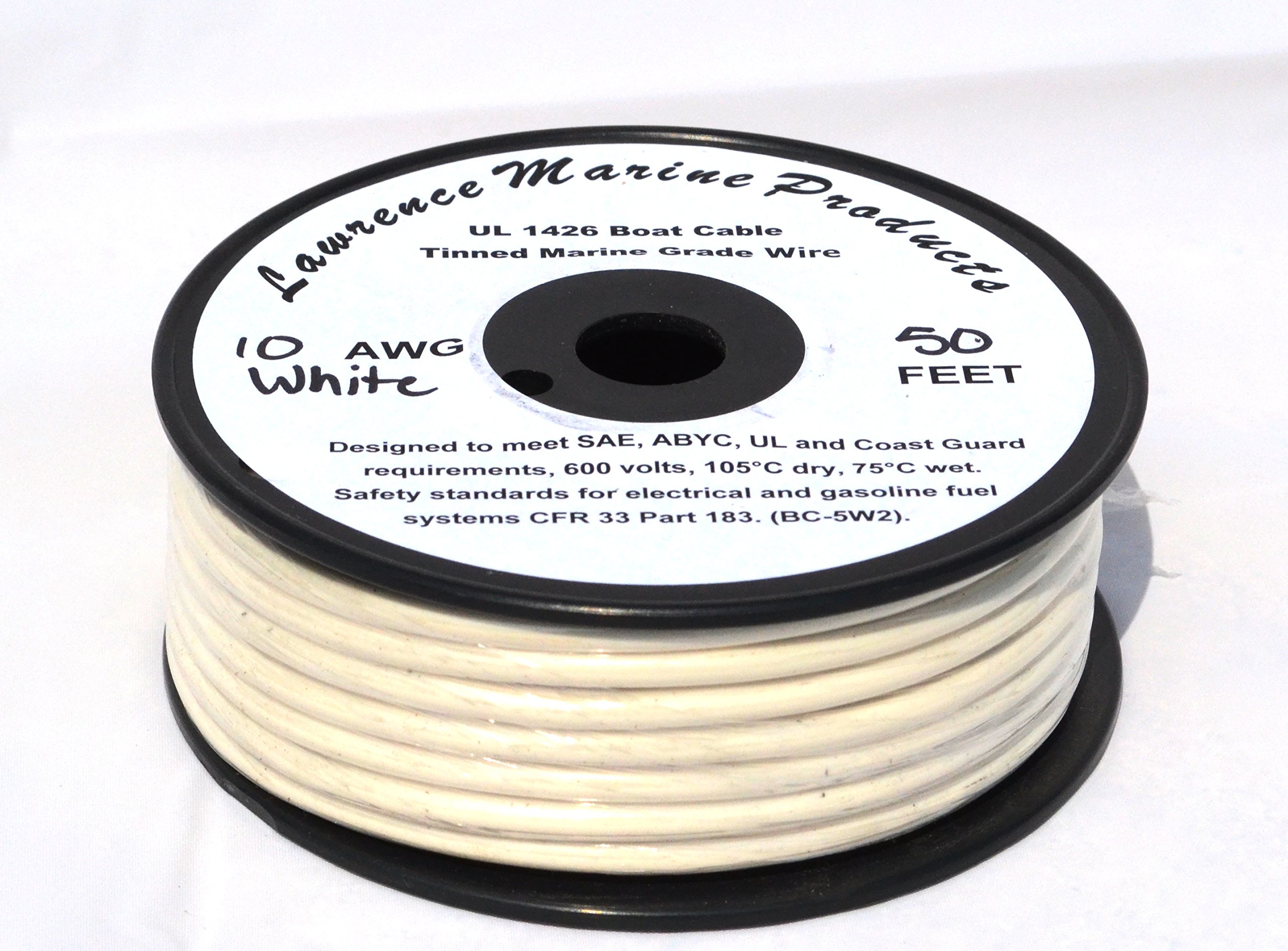 10 AWG Tinned Marine Primary Wire, White, 50 Feet