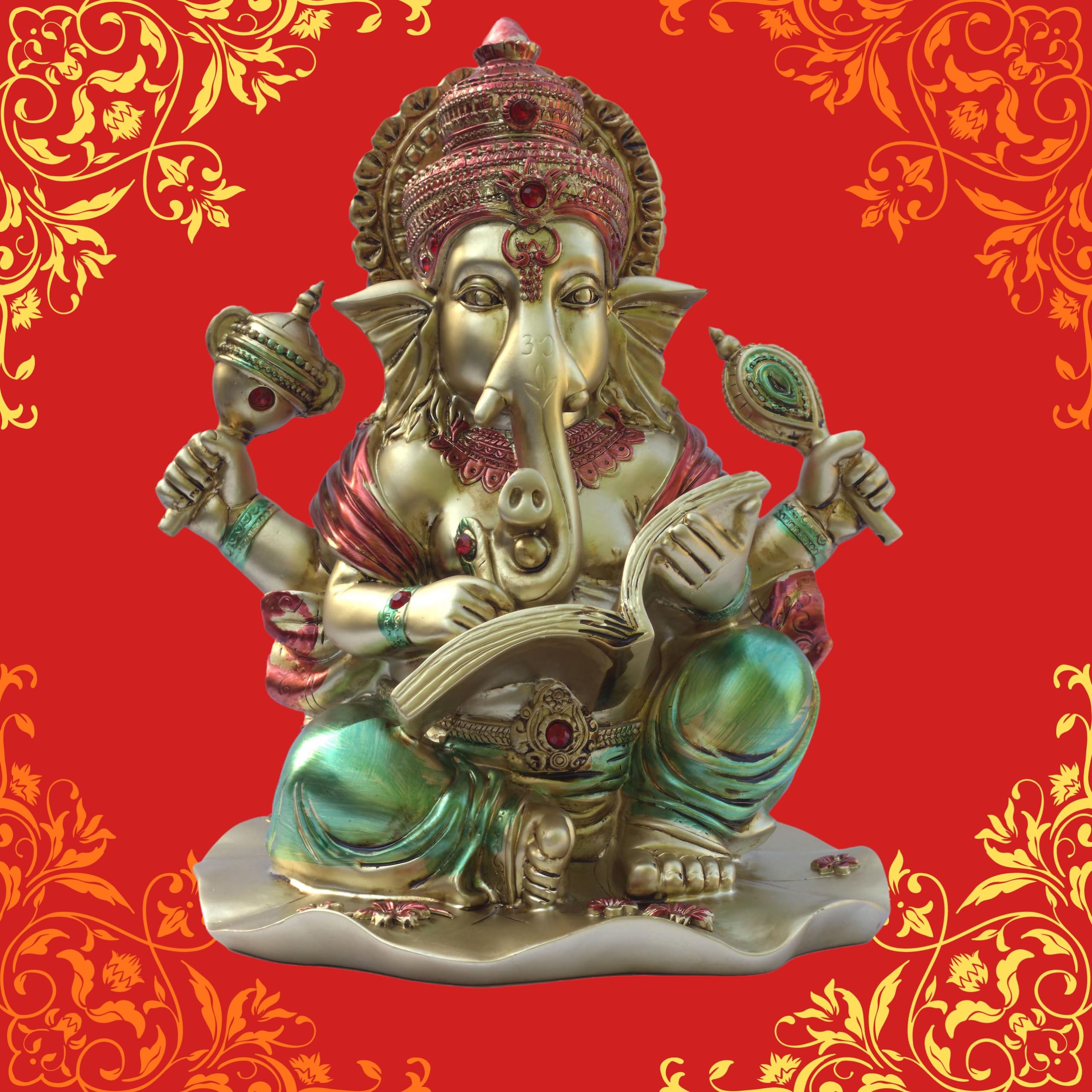 Ganesha Idol for Home Temple, Large 10 inch Ganpati Murti for House Entrance, Auspicious Vinayak Resin Statue for Home, Living Room, Office Desk, Gifting (Golden) — photo — 4 of 9