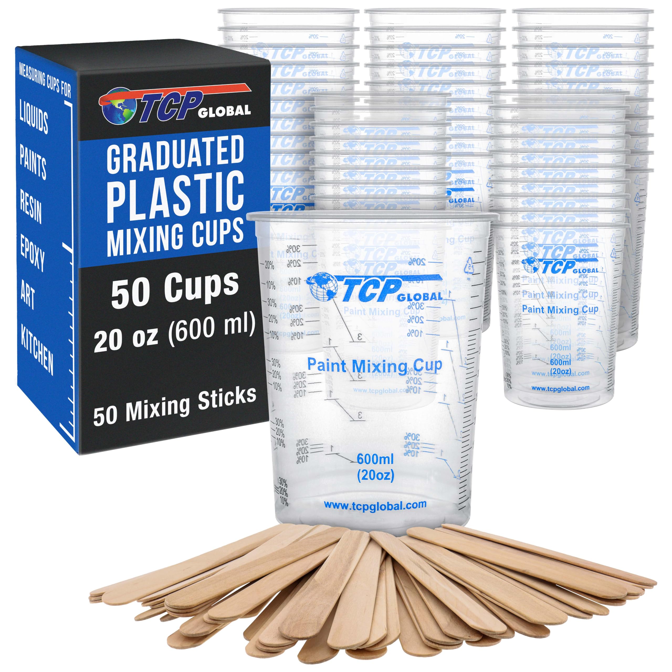 TCP Global 600 ml Einweg-Mixbecher aus Kunststoff, flexibel, transparent, abgestuft, Box mit 50 Bechern und 50 Rührstäben, Verwendung für Farbe, Harz, Epoxid, Kunst, Küche, 4-1, ML