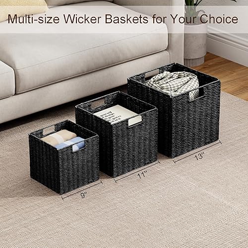 Miniatura 8 de Vagusicc Cestas de almacenamiento de mimbre, juego de 2 cestas de almacenamiento tejidas a mano para estantes con asas, cestas de almacenamiento