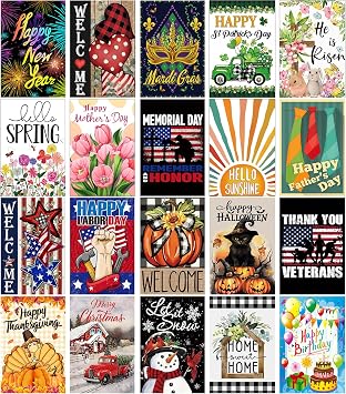 20 Pack Seasonal Garden Flags Set Double Sided 12x18 Inch Small Yard Flags, Holiday Seasonal Garden Flag for Outside Decoration for All Year Round