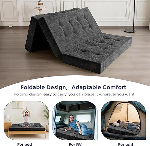 Miniatura 9 de MAXYOYO Colchón plegable de tres pliegues, colchón plegable copetudo de 6 pulgadas con tela de felpilla, tapete portátil de tamaño matrimonial para