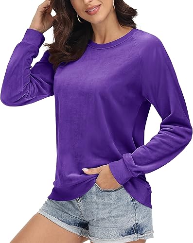 Miniatura 2 de MAGCOMSEN Sudaderas de terciopelo para mujer con cuello redondo, manga larga, casuales, suéter suave y cálido, camisas tops de terciopelo