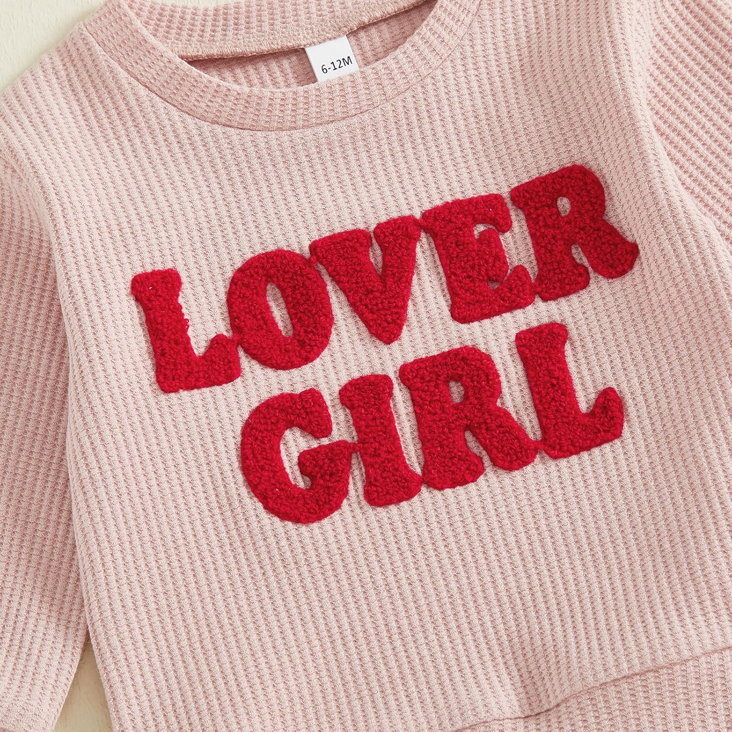 Karuedoo Toddler Baby Girl Valentines Day Outfits Lover Girl Embroidery Long Sleeve Waffle Knit Sweatshirt and Pants Set - Image 6