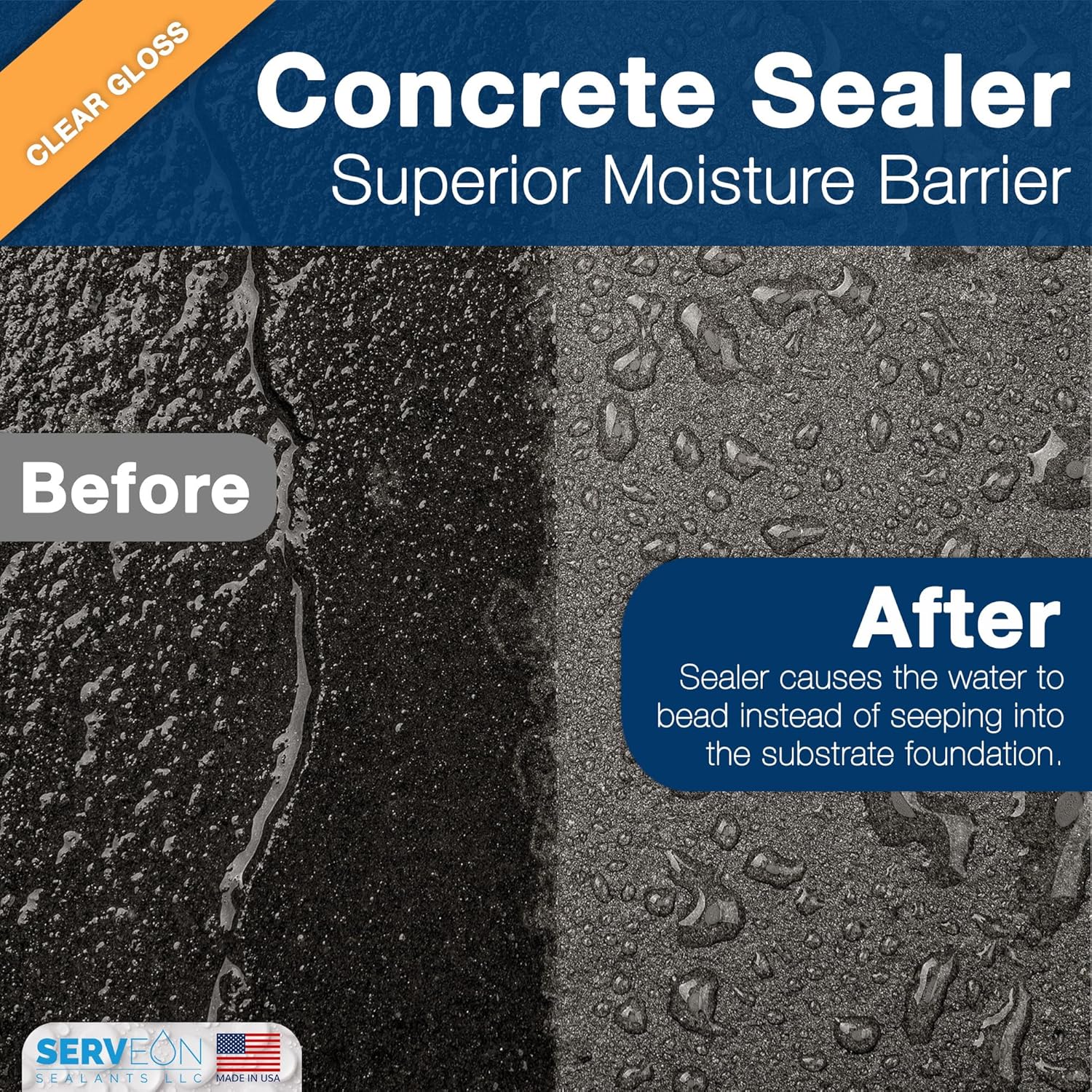 Serveon Sealants Concrete Driveway Sealer Plus Stain Guard (Clear Gloss Finish) Commercial Grade Outdoor Indoor Waterproof Sealant Protects Pavers Sidewalks Pools (1 Gallon) H2700