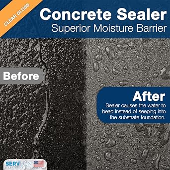 Serveon Sealants Concrete Driveway Sealer Plus Stain Guard (Clear Gloss Finish) Commercial Grade Outdoor Indoor Waterproof Sealant Protects Pavers Sidewalks Pools (1 Gallon) H2700