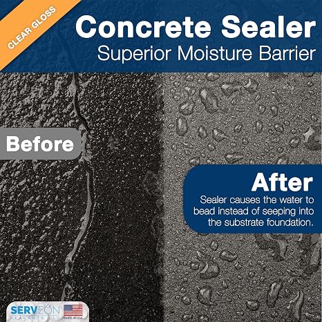 Serveon Sealants Concrete Driveway Sealer Plus Stain Guard (Clear Gloss Finish) Commercial Grade Outdoor Indoor Waterproof Sealant Protects Pavers Sidewalks Pools (1 Gallon) H2700