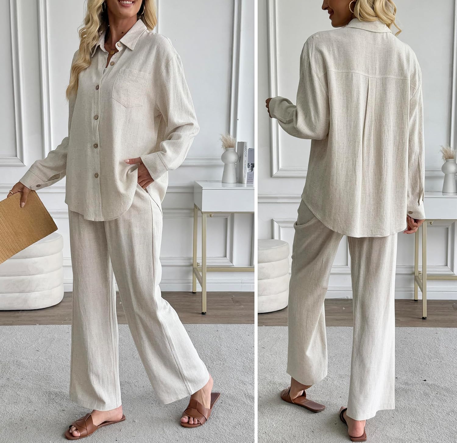 heipeiwa Women's Linen Button Down Shirts Long Sleeve Casual Loose Collared Blouses Summer Vacation Tunic Tops - Image 4