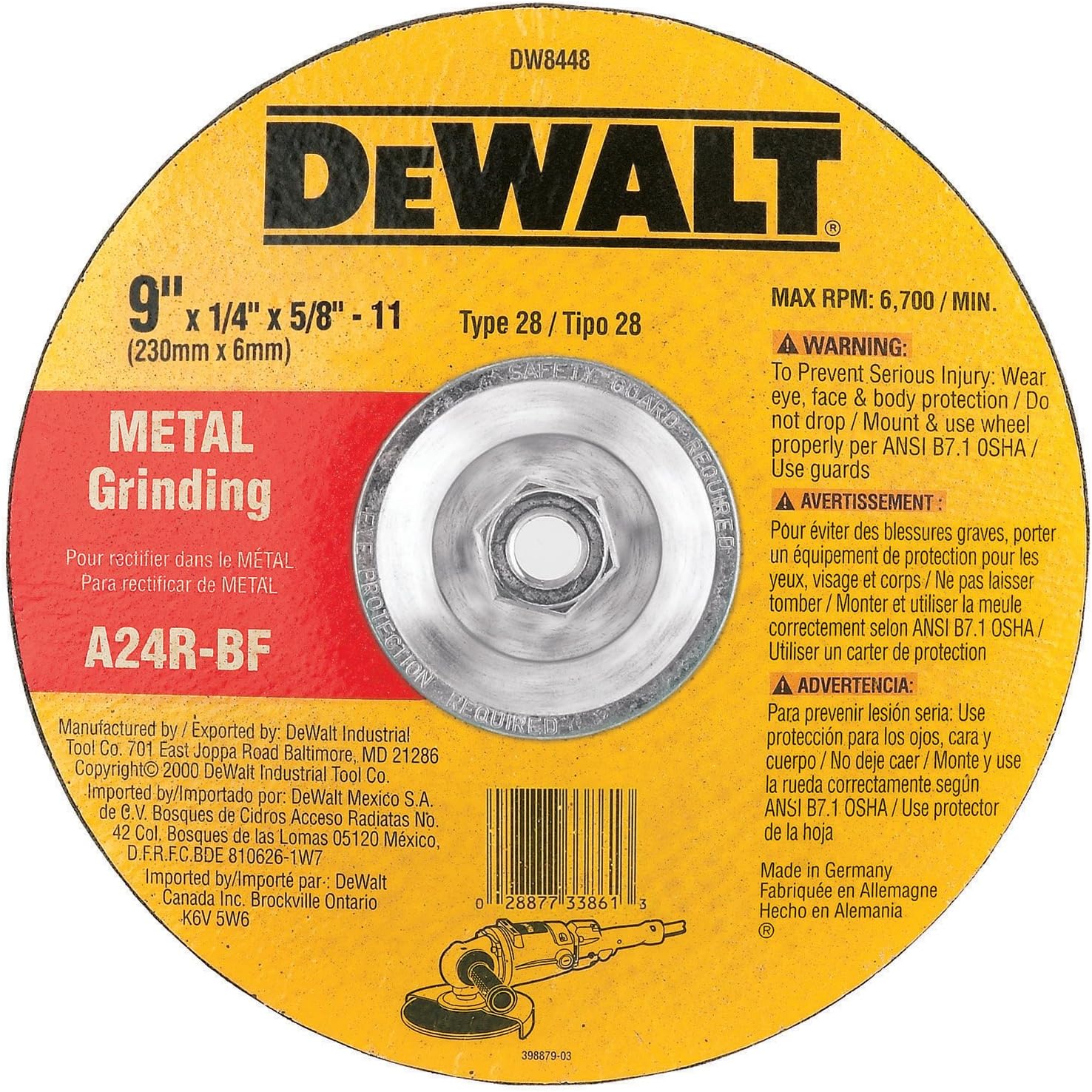 DEWALT DW8448 9-Inch by 1/4-Inch by 5/8-Inch-11 T28 Metal Grinding