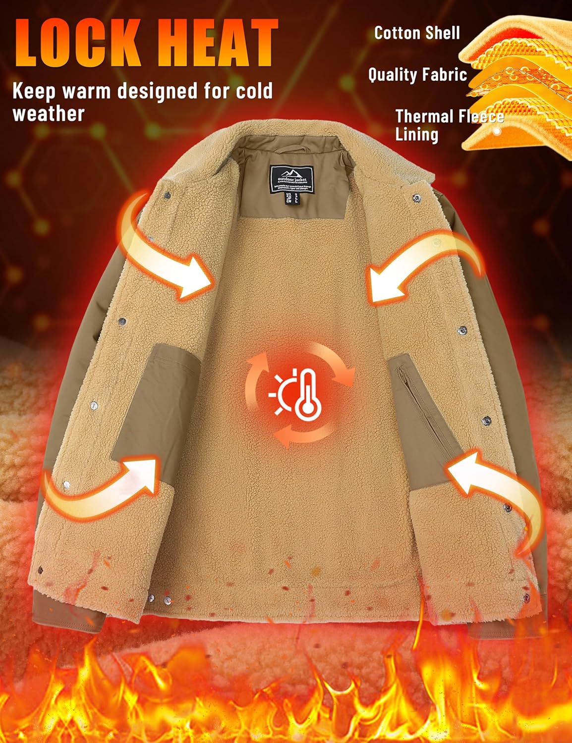 TACVASEN Mens Winter Jacket Thick Thermal Sherpa Jacket Warm Lapel Fleece Lined Coats Trucker Work Cargo Multi Pockets - Image 5