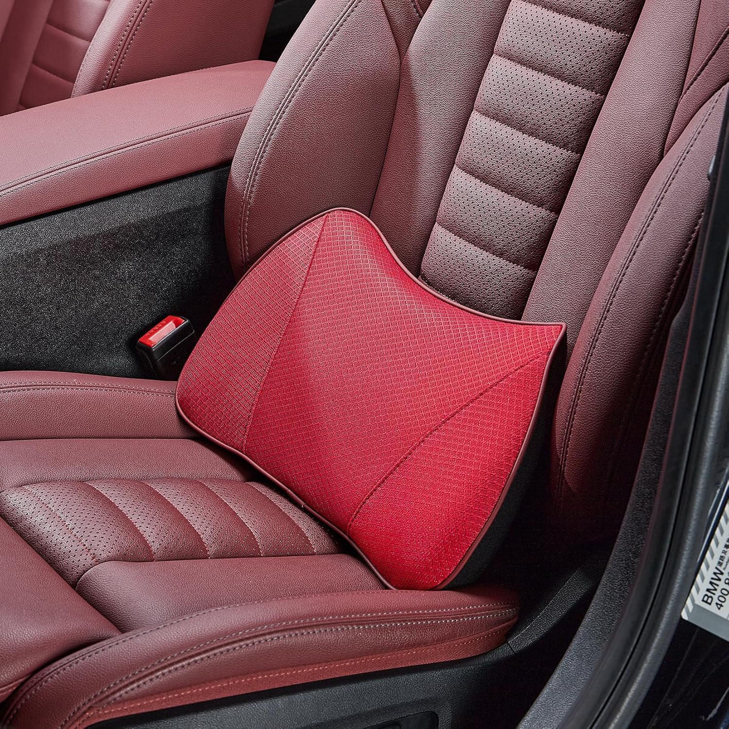 Soft Lumbar Support Pillow for Truck Seat & Car Driver's Seat Lumbar Support Pillow Memory Foam Back Cushion for Pain Relief Improve Posture (Mesh Fabric-Wine red, Small Size)