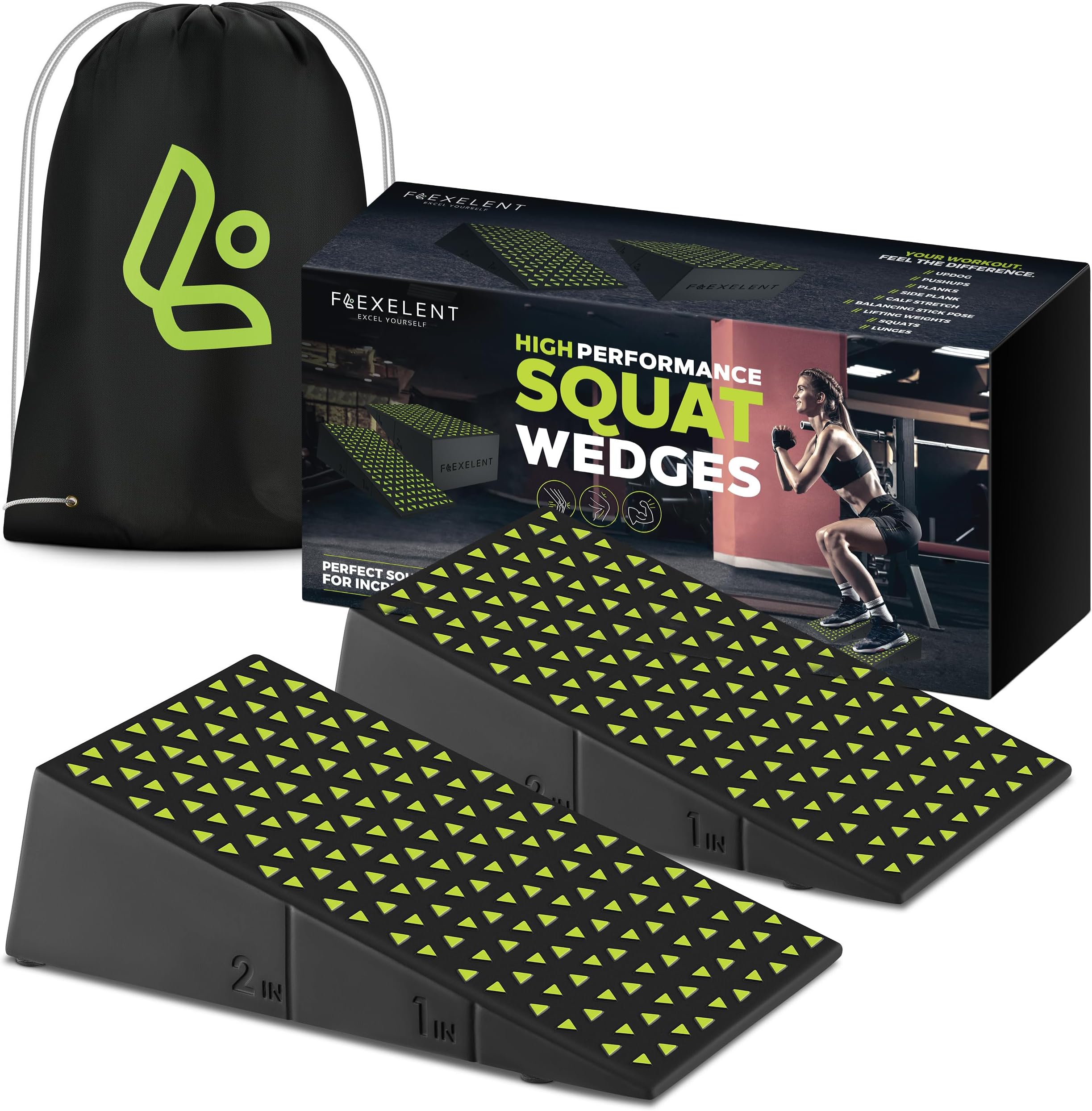 Flexelent Squat Wedge Block Pair - Heel Elevated Squat Wedge for Deeper Squats, Heavy Lifting and Better Form - 17° Angle Exercise Wedges, Slant Board for Squats with Carry Backpack