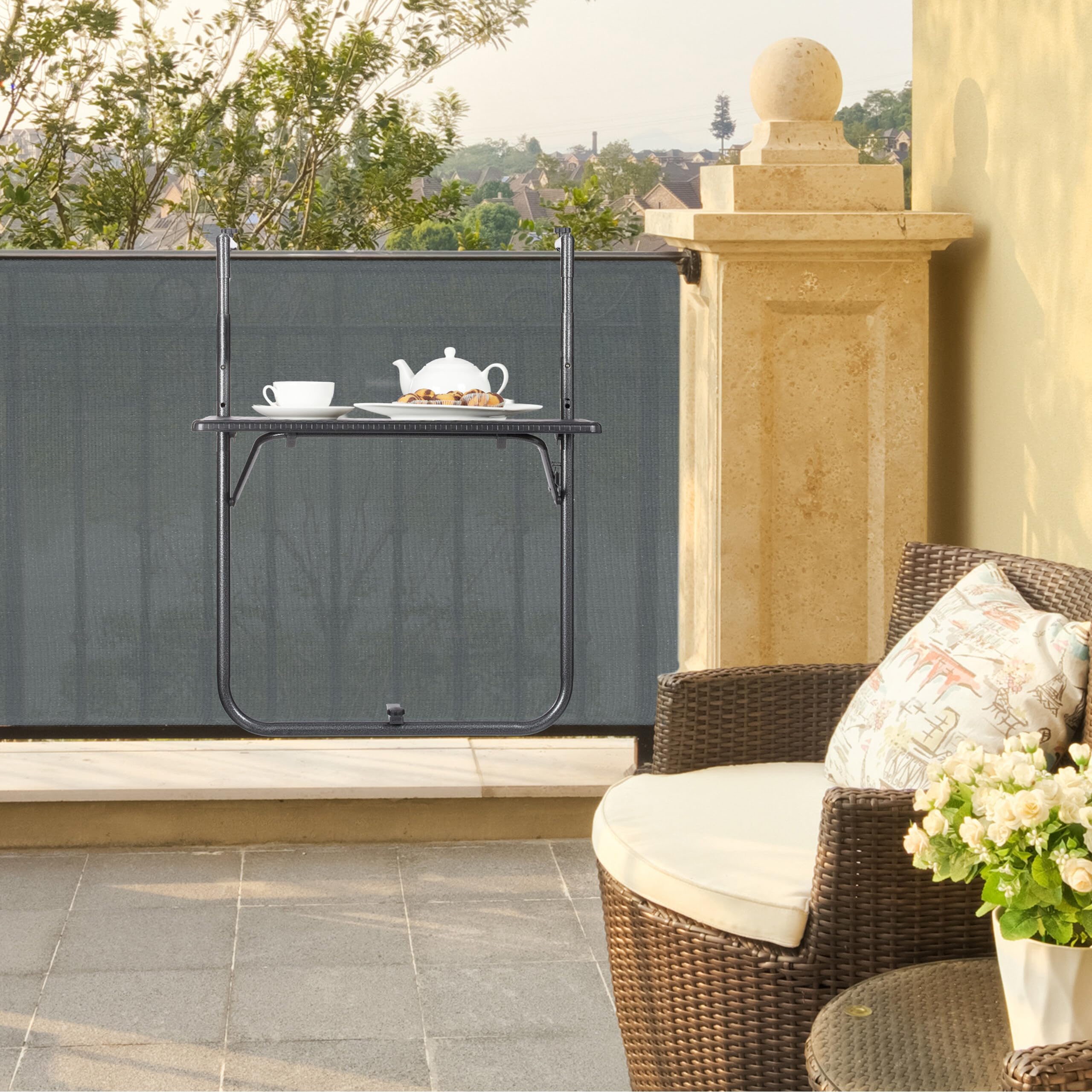 Relaxdays Table Balcon Suspendue, Pliante, réglable en Hauteur 3 Niveaux, Aspect rotin, résistante, 59,5 x 36 cm, Noir
