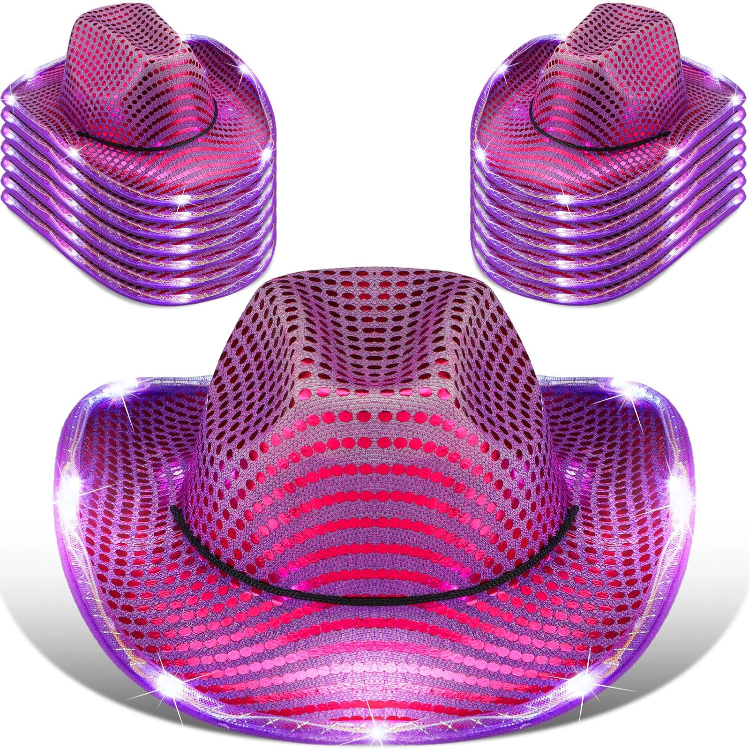 Kigeli 10 Pcs Lights LED Cowboy Cowgirl Hat LED Flashing Hat Cowgirl Hat for Western Cowboy Role Play(Silver,Sequin)